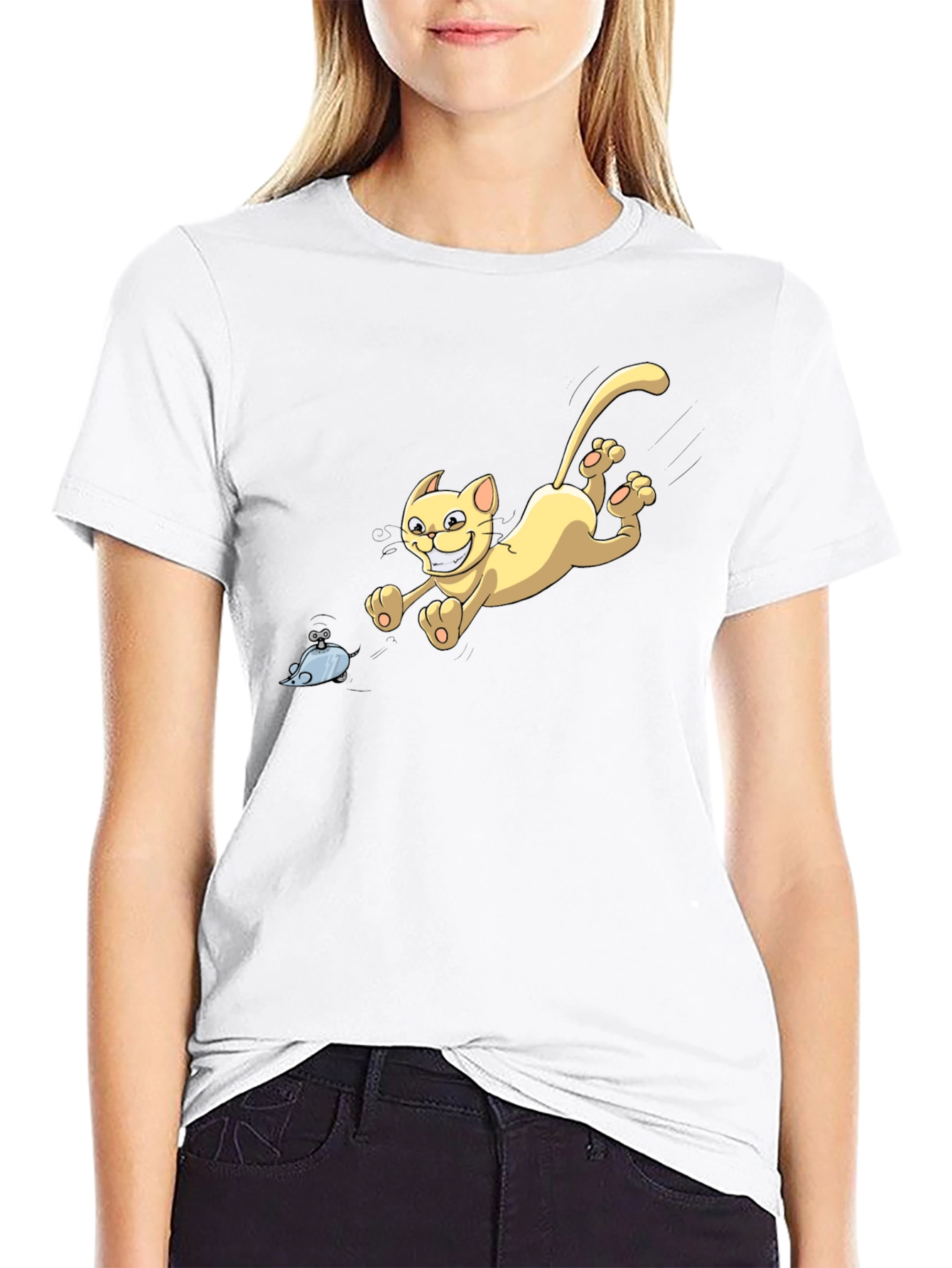 Cartoon Cat Chasing Mouse Graphic T-Shirt