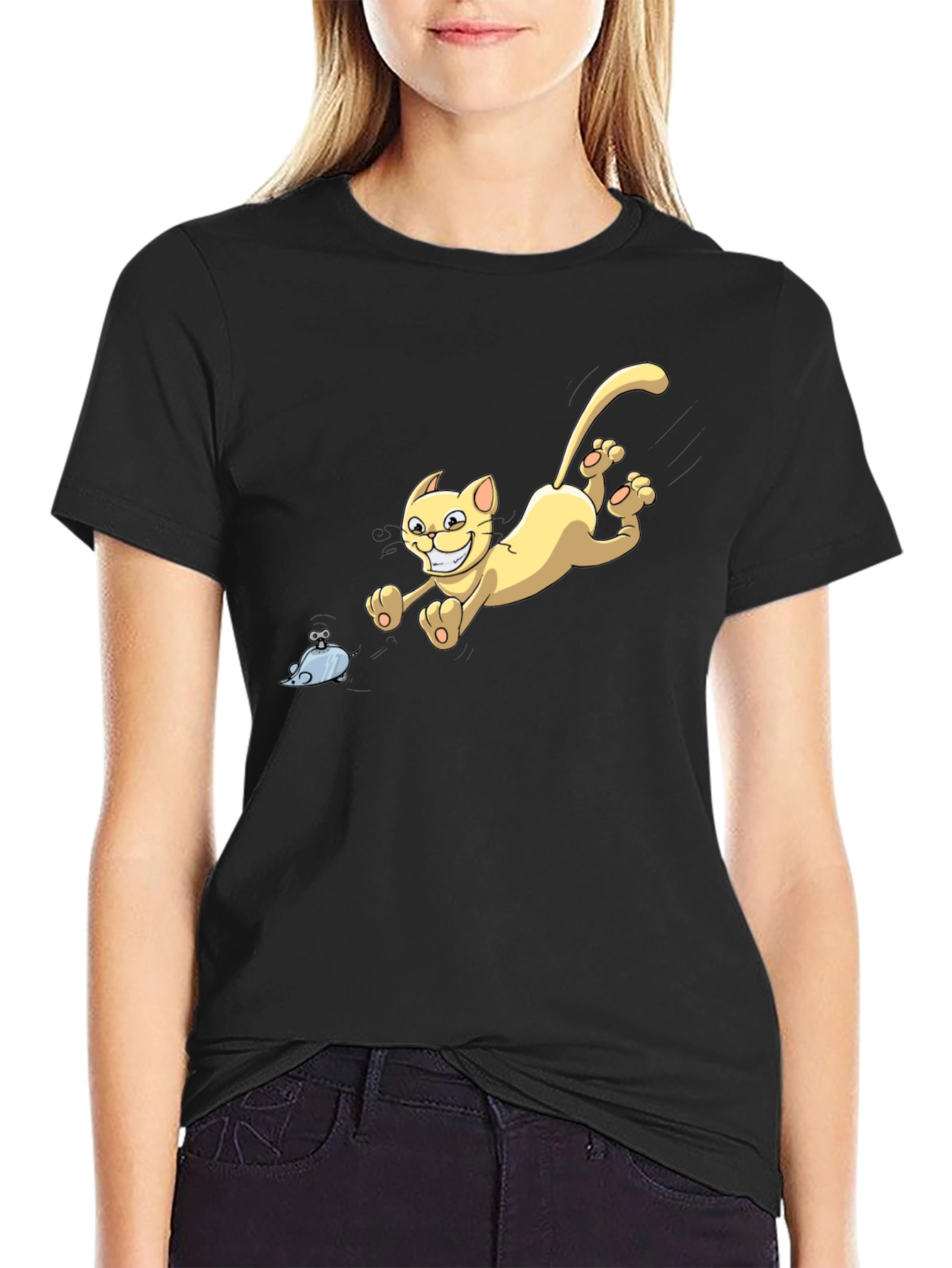 Cartoon Cat Chasing Mouse Graphic T-Shirt