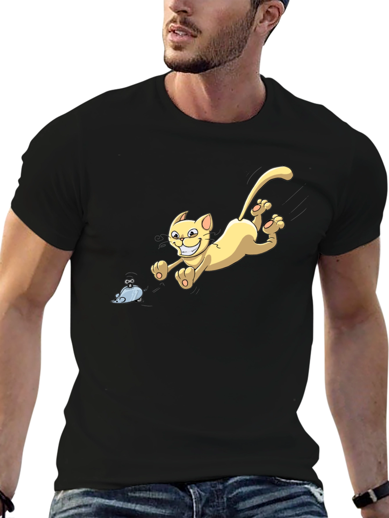 Cartoon Cat Chasing Mouse Graphic T-Shirt