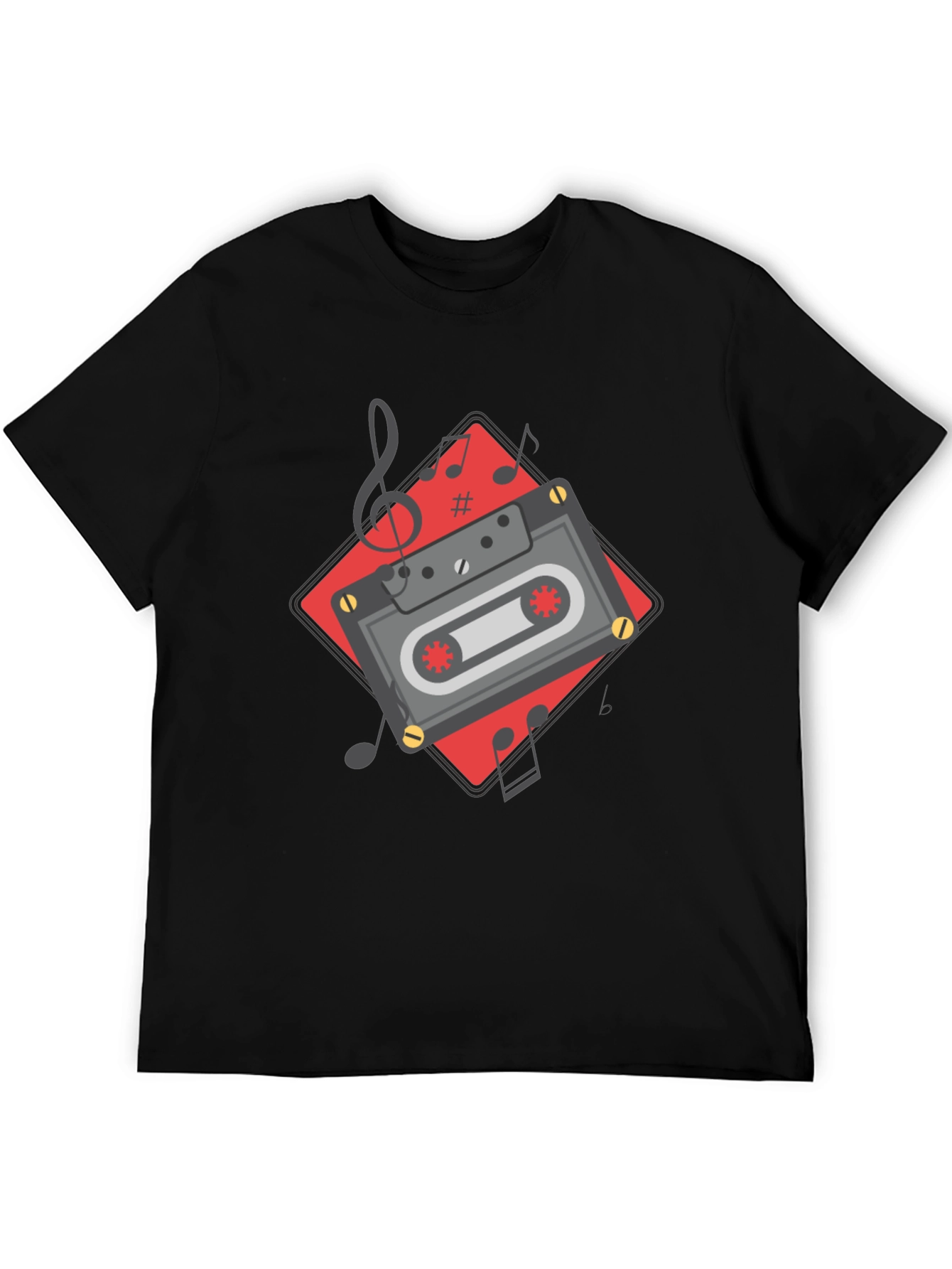 Retro Cassette Tape Music Notes Graphic Tee - Black