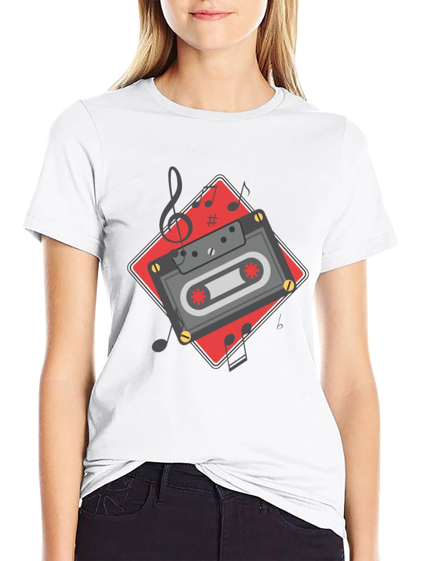 Retro Cassette Tape Music Notes Graphic Tee - Black