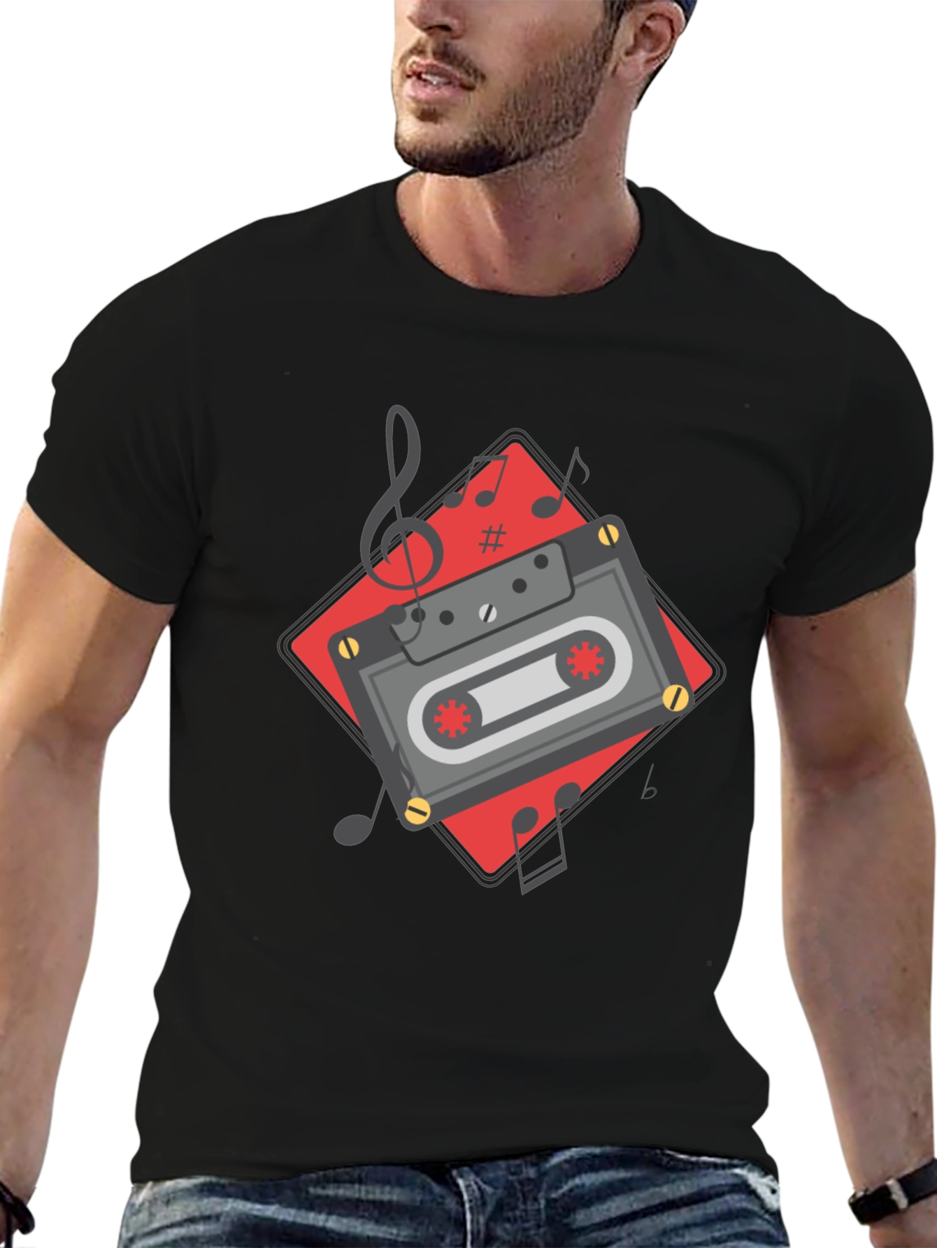 Retro Cassette Tape Music Notes Graphic Tee - Black