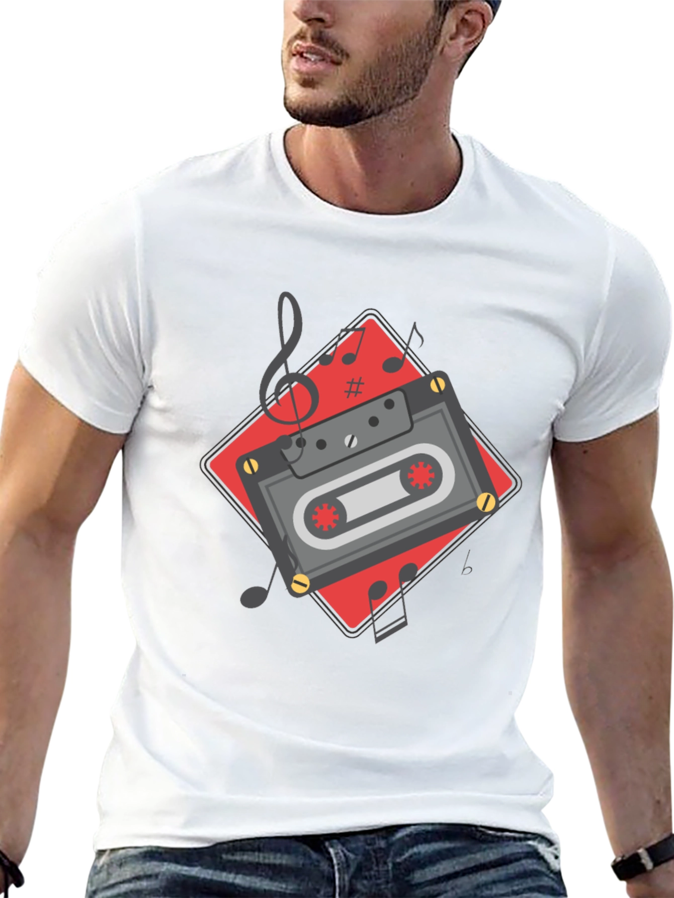 Retro Cassette Tape Music Notes Graphic Tee - Black
