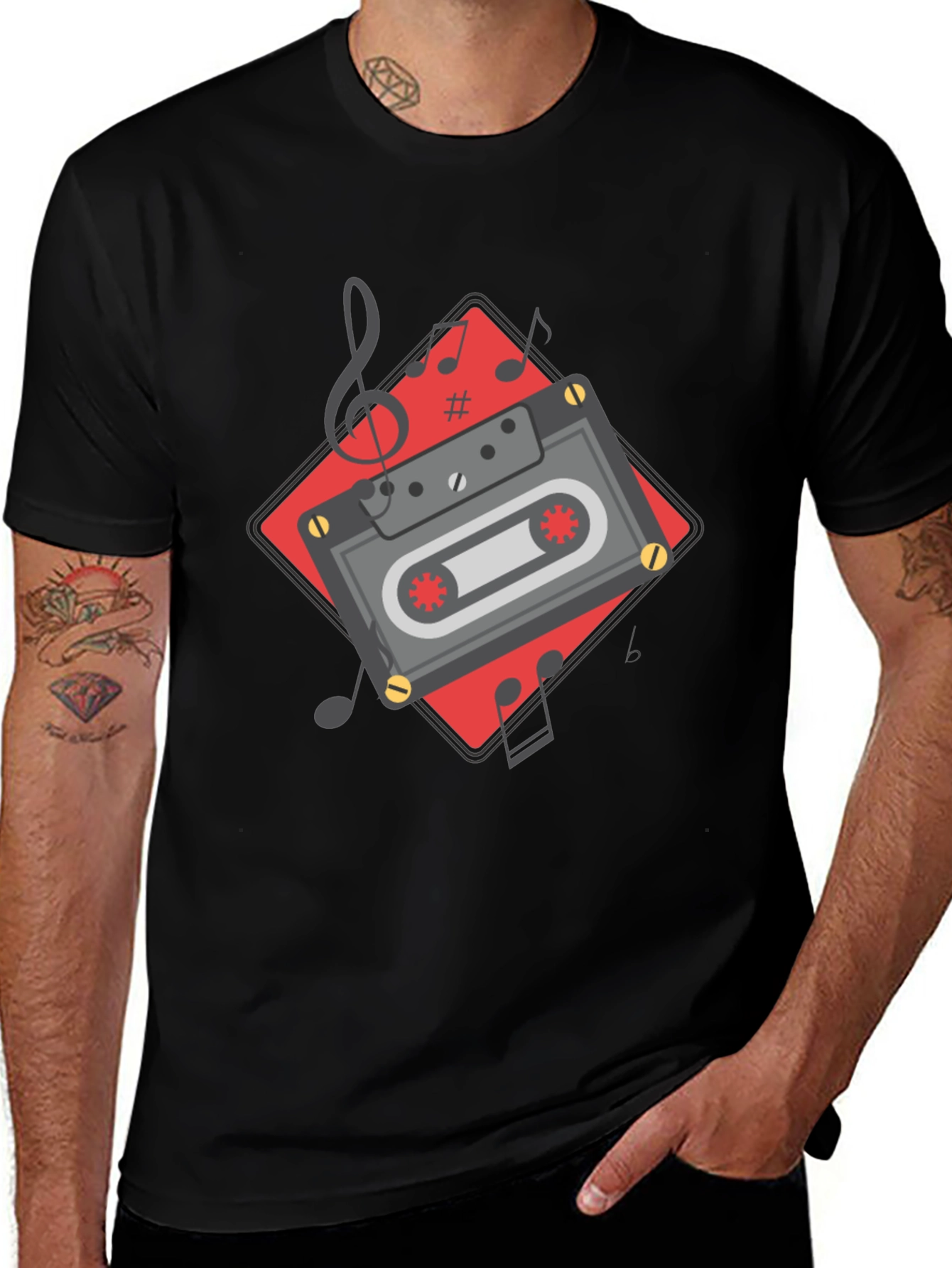 Retro Cassette Tape Music Notes Graphic Tee - Black