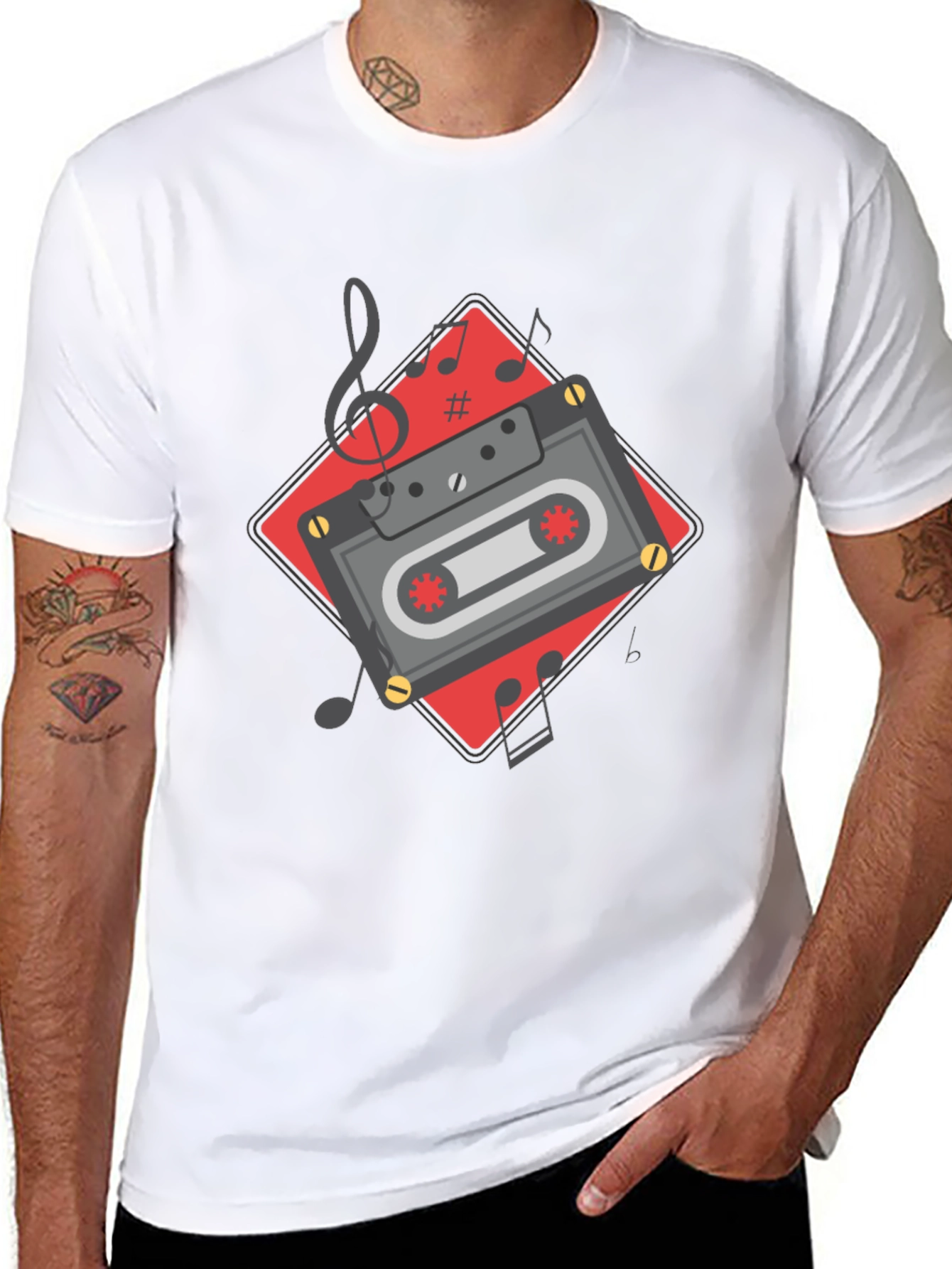 Retro Cassette Tape Music Notes Graphic Tee - Black