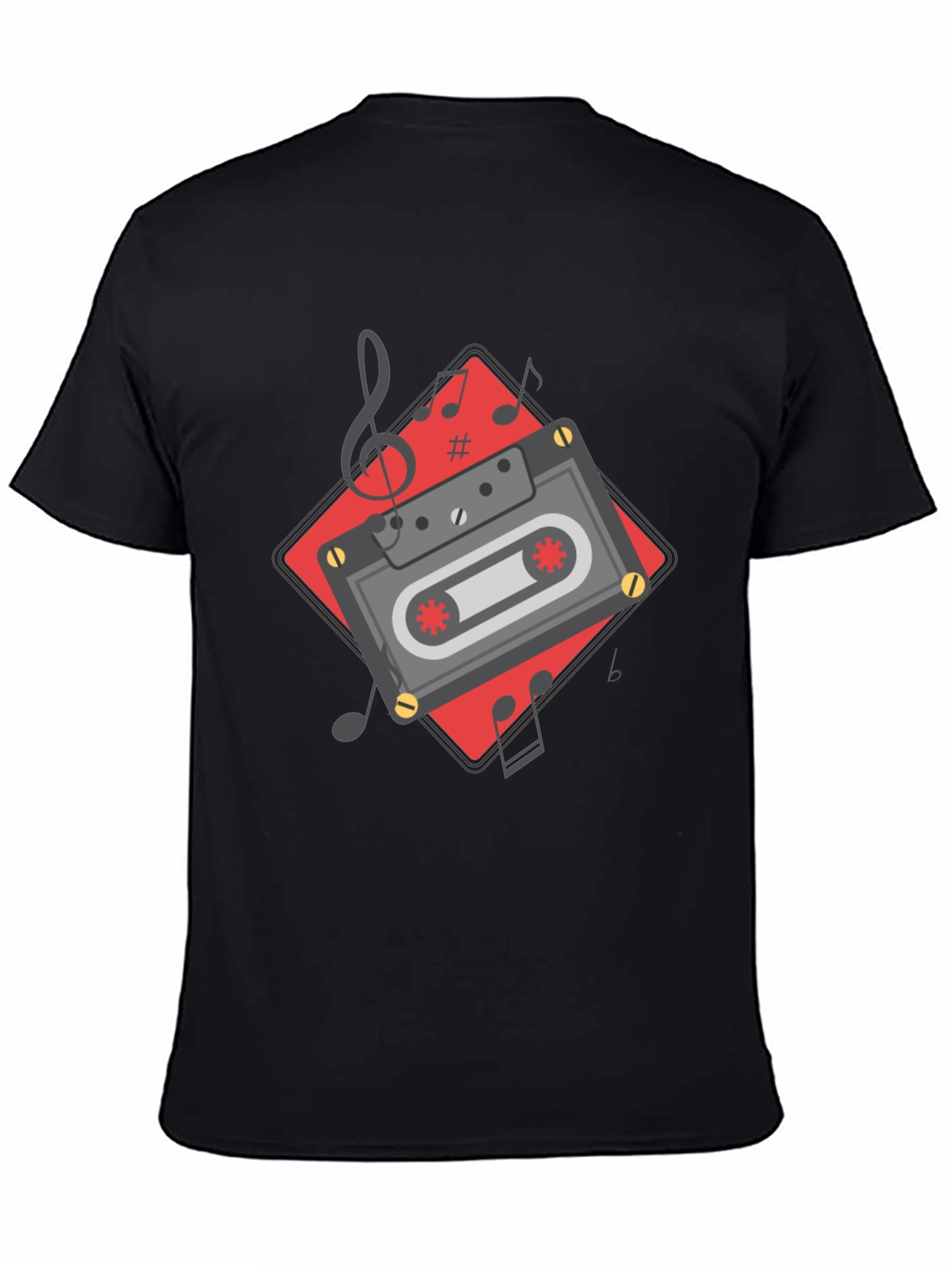 Retro Cassette Tape Music Notes Graphic Tee - Black