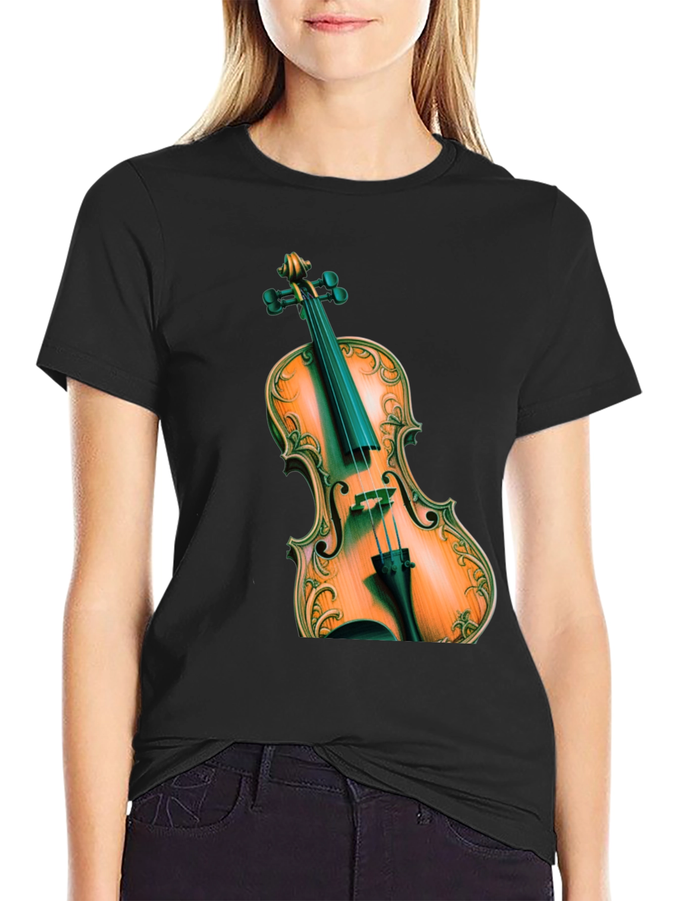 Violin Graphic Print Black T-Shirt
