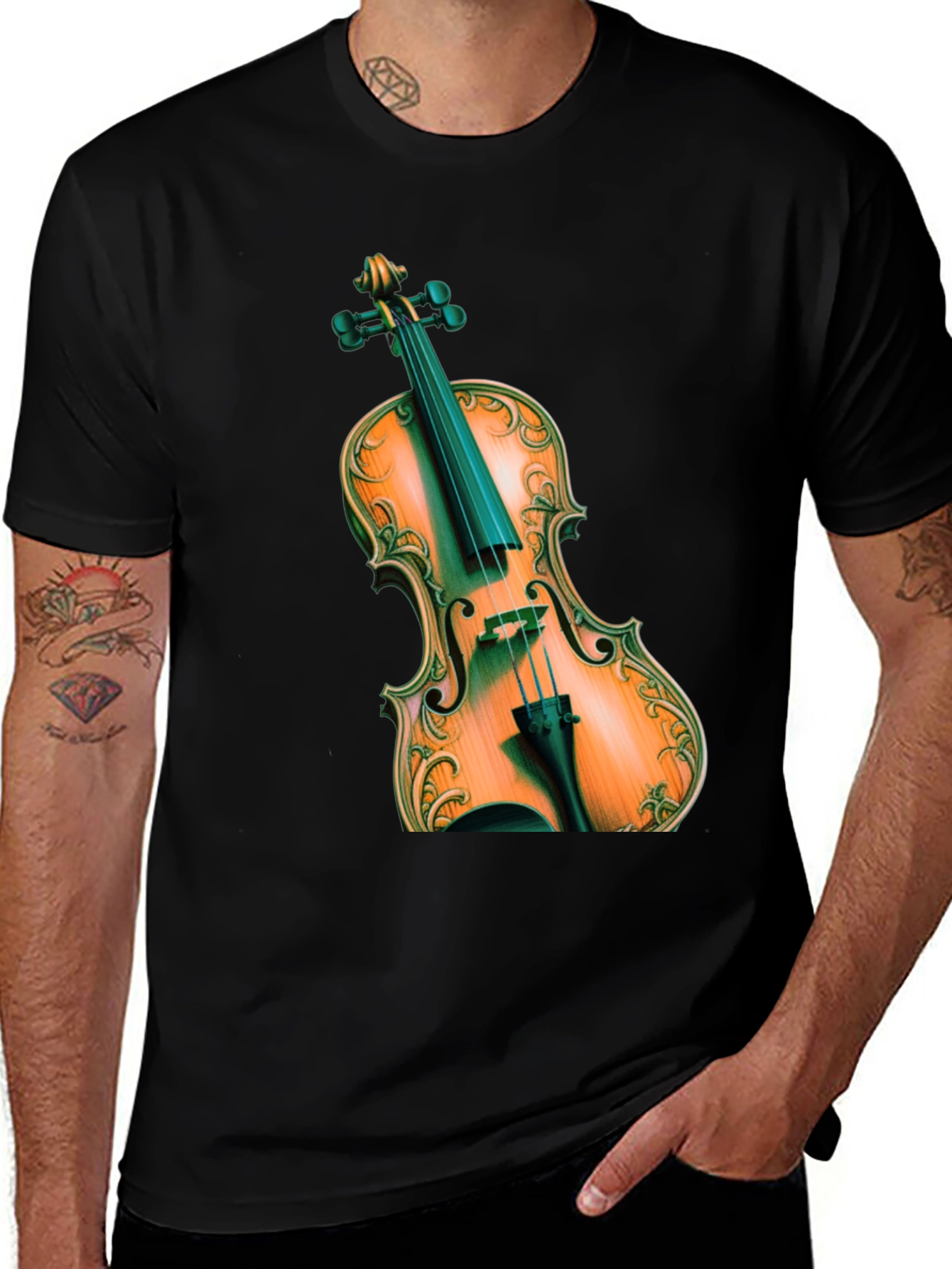 Violin Graphic Print Black T-Shirt