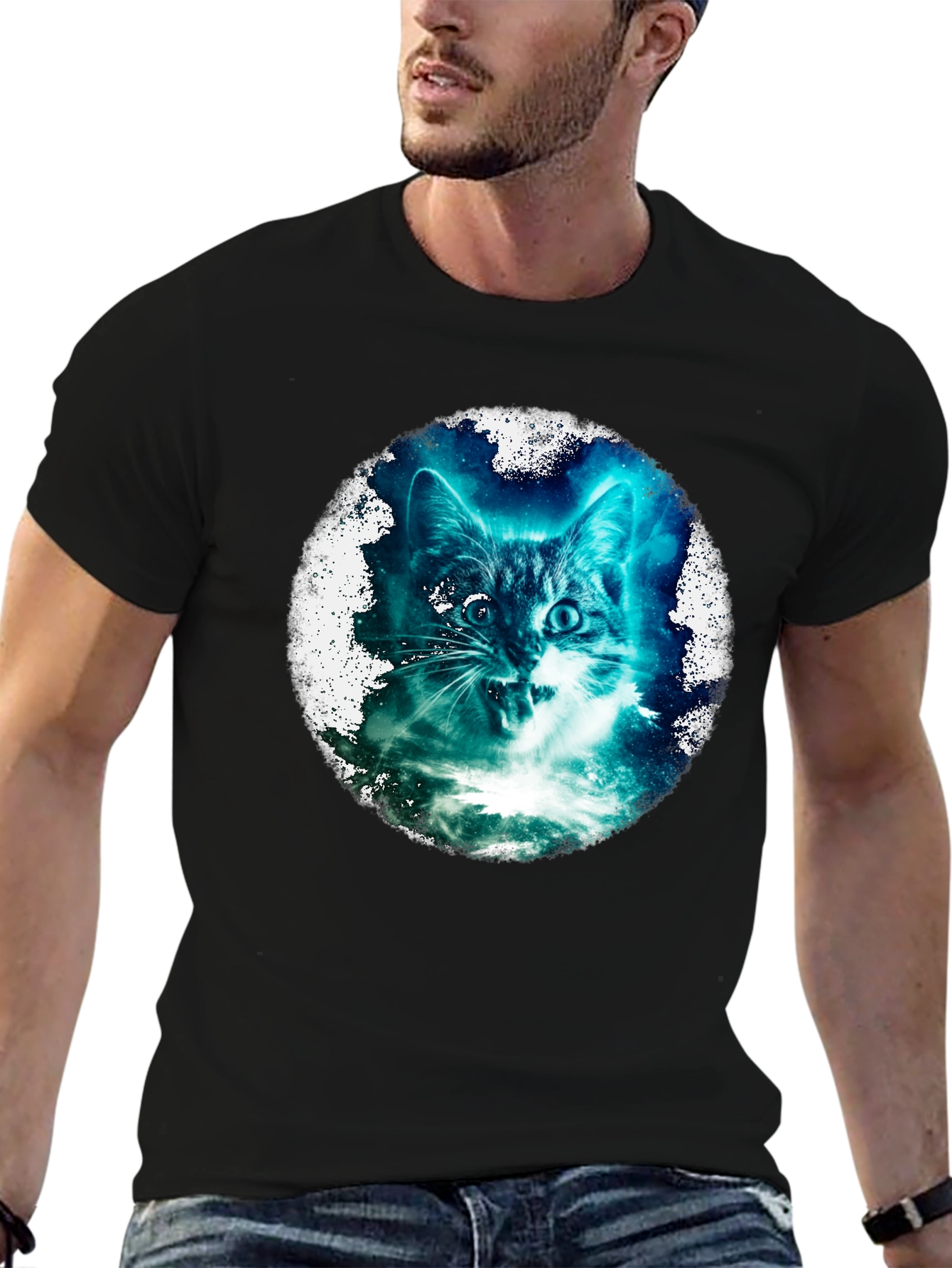Cosmic Cat Graphic Print Black T-Shirt