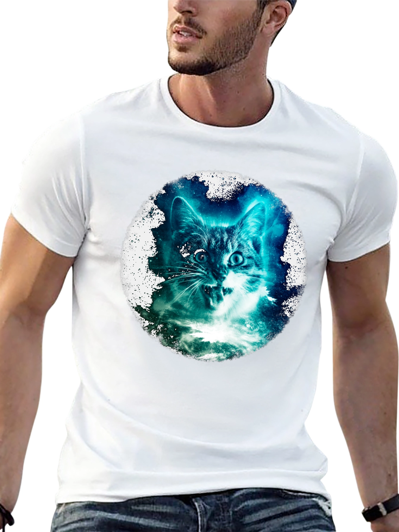 Cosmic Cat Graphic Print Black T-Shirt