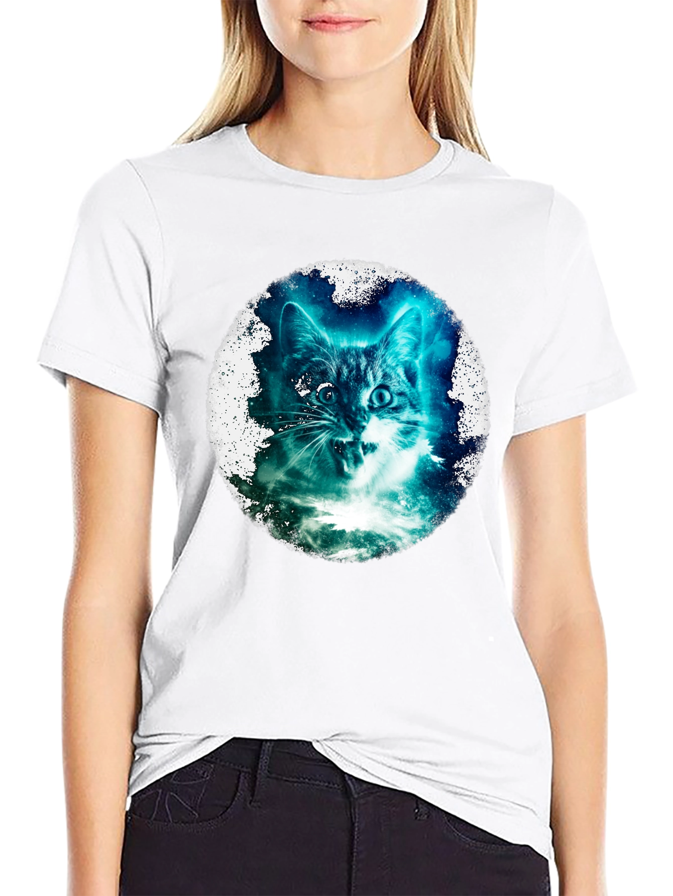 Cosmic Cat Graphic Print Black T-Shirt