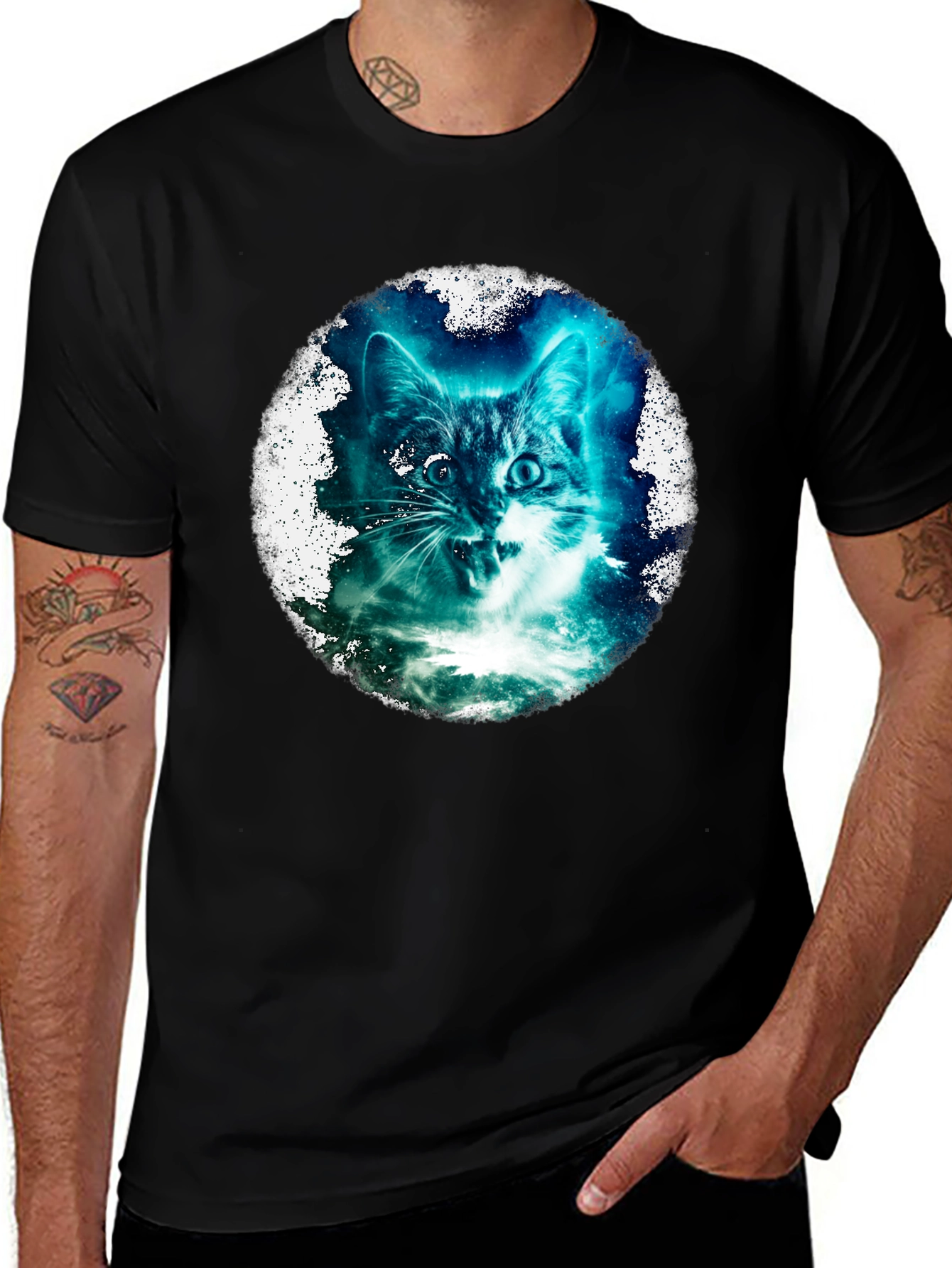 Cosmic Cat Graphic Print Black T-Shirt