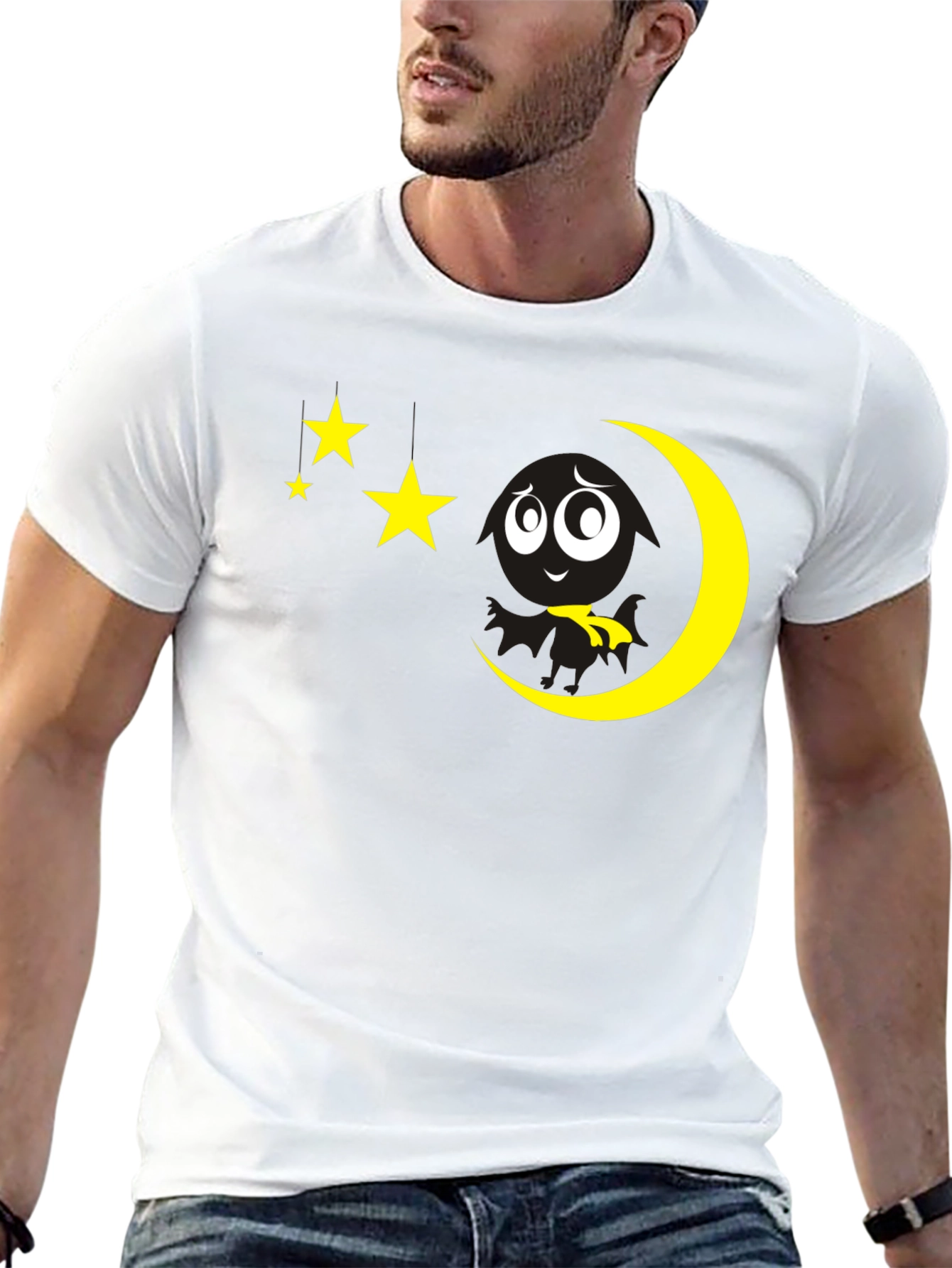 Black T-Shirt with Moon and Stars Graphic