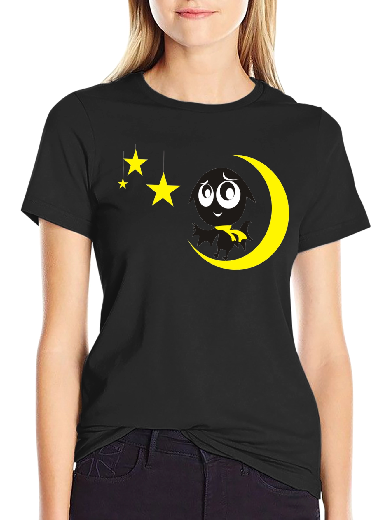 Black T-Shirt with Moon and Stars Graphic