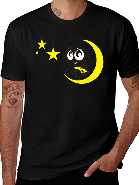 Black T-Shirt with Moon and Stars Graphic