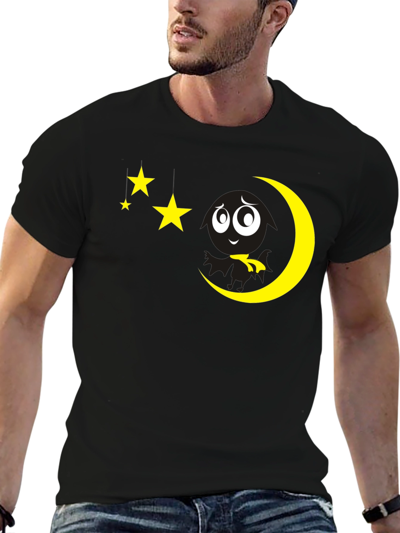Black T-Shirt with Moon and Stars Graphic