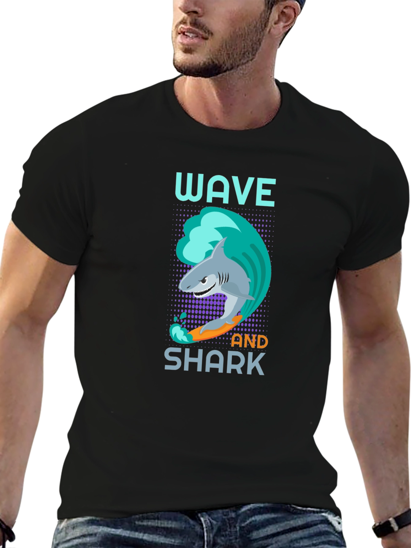 Wave and Shark Graphic T-Shirt - Cool Design