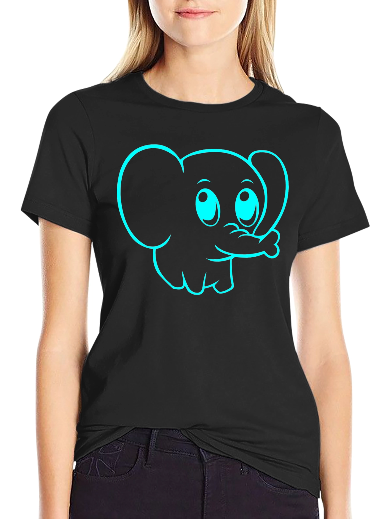 Cute Cartoon Elephant Graphic Tee - Black Cotton Blend