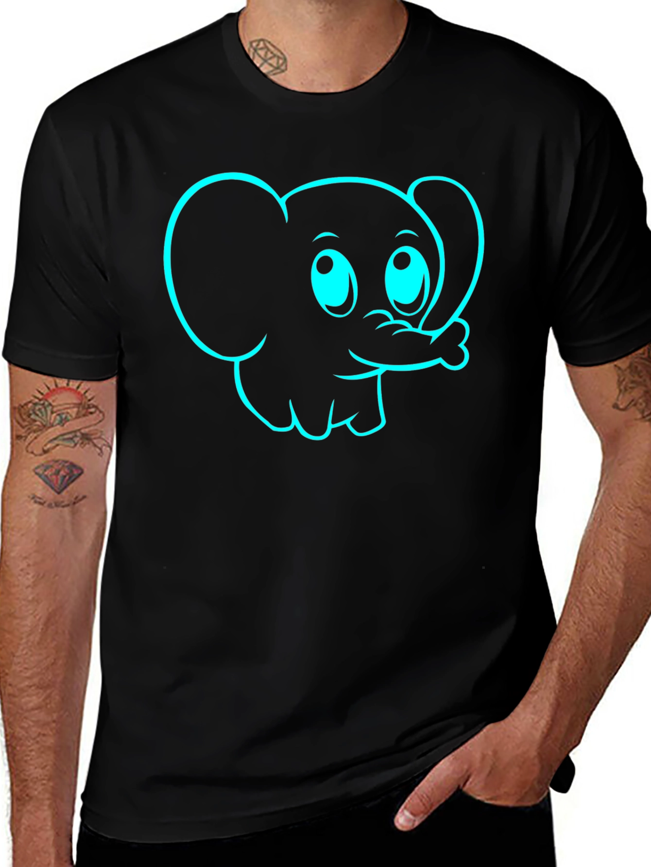 Cute Cartoon Elephant Graphic Tee - Black Cotton Blend
