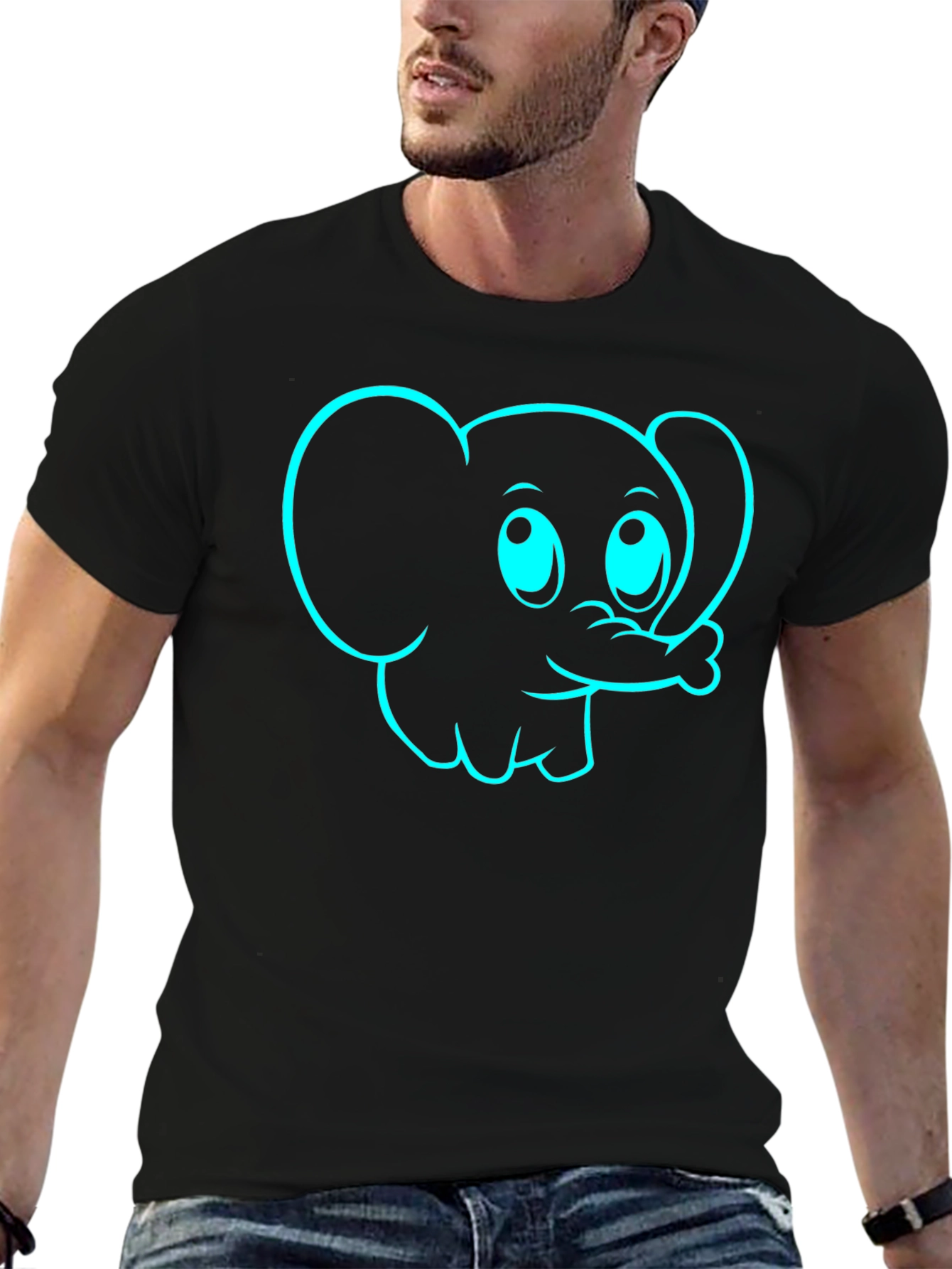 Cute Cartoon Elephant Graphic Tee - Black Cotton Blend