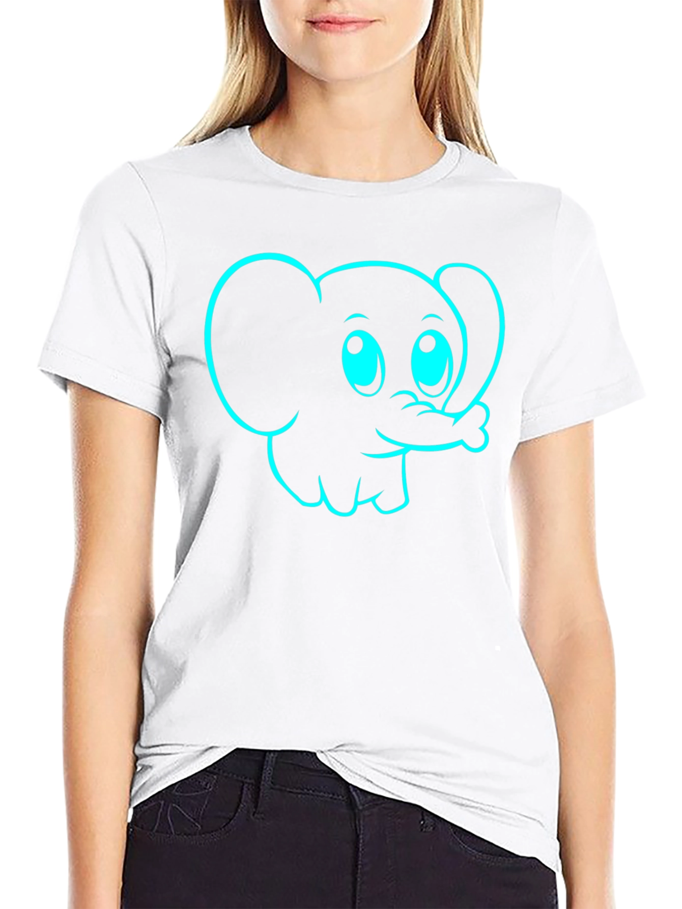 Cute Cartoon Elephant Graphic Tee - Black Cotton Blend