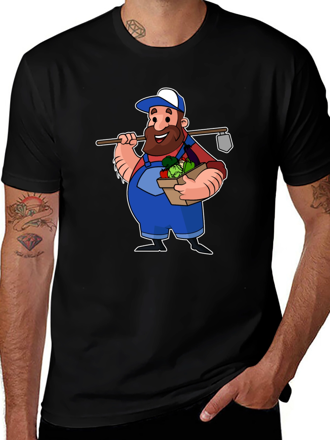 Cartoon Farmer Graphic T-Shirt - Black Cotton Tee