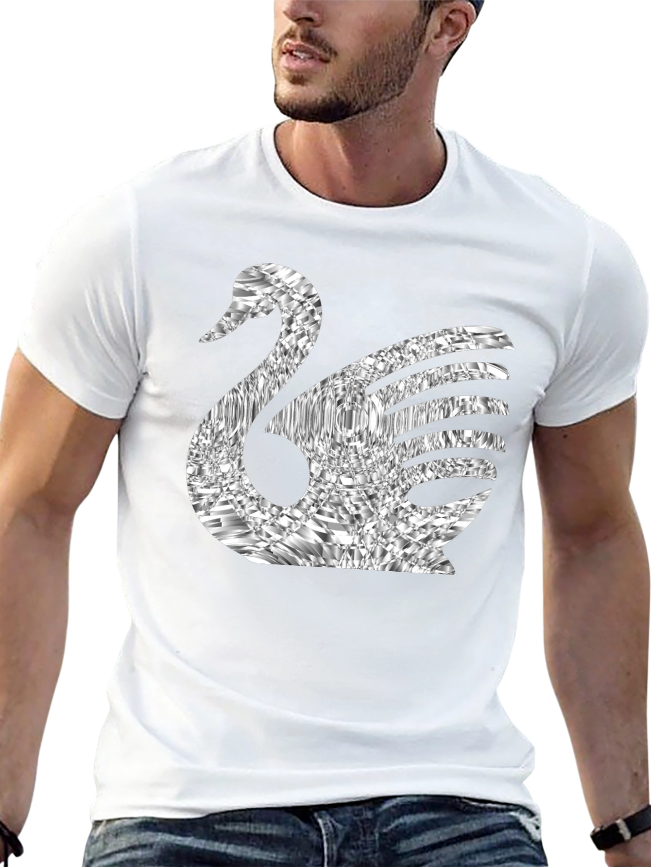 Stylish Swan Graphic Tee - Black Cotton Blend