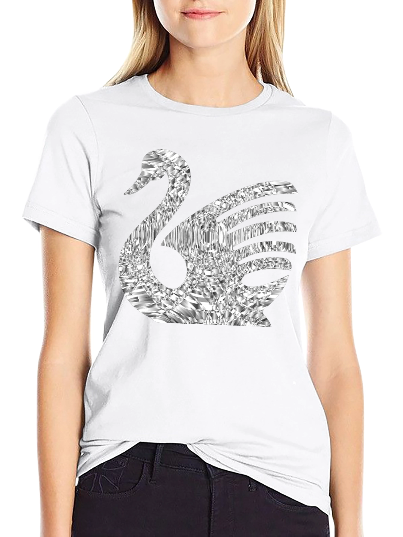 Stylish Swan Graphic Tee - Black Cotton Blend