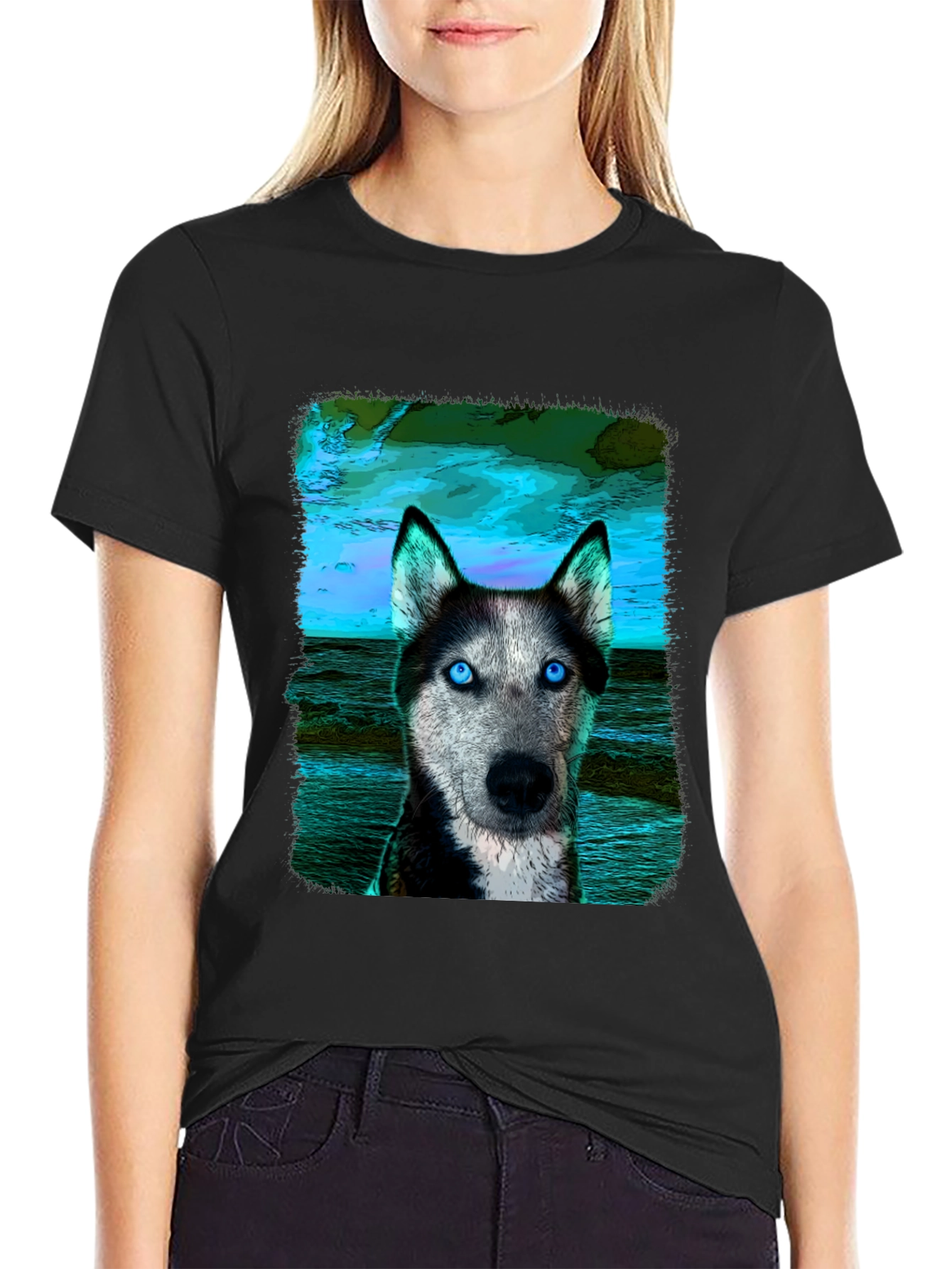 Husky Dog Graphic Print Black T-Shirt