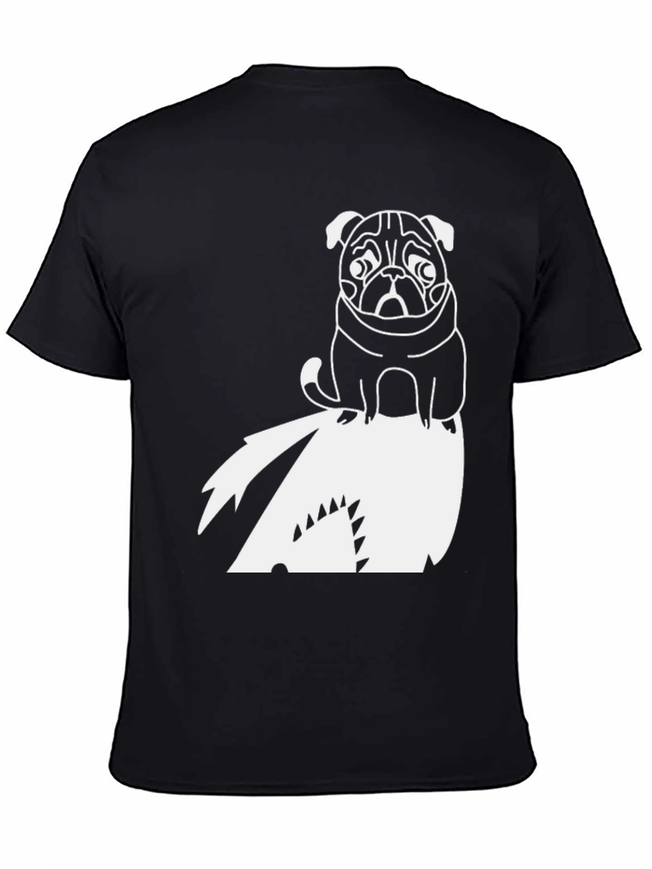 Pug Riding Shark Black T-Shirt