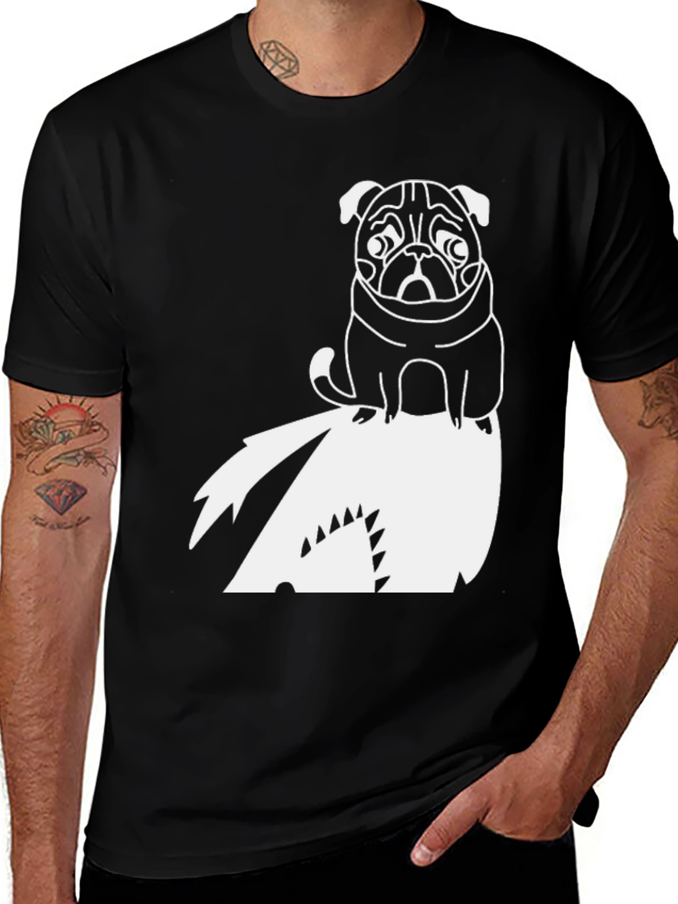 Pug Riding Shark Black T-Shirt