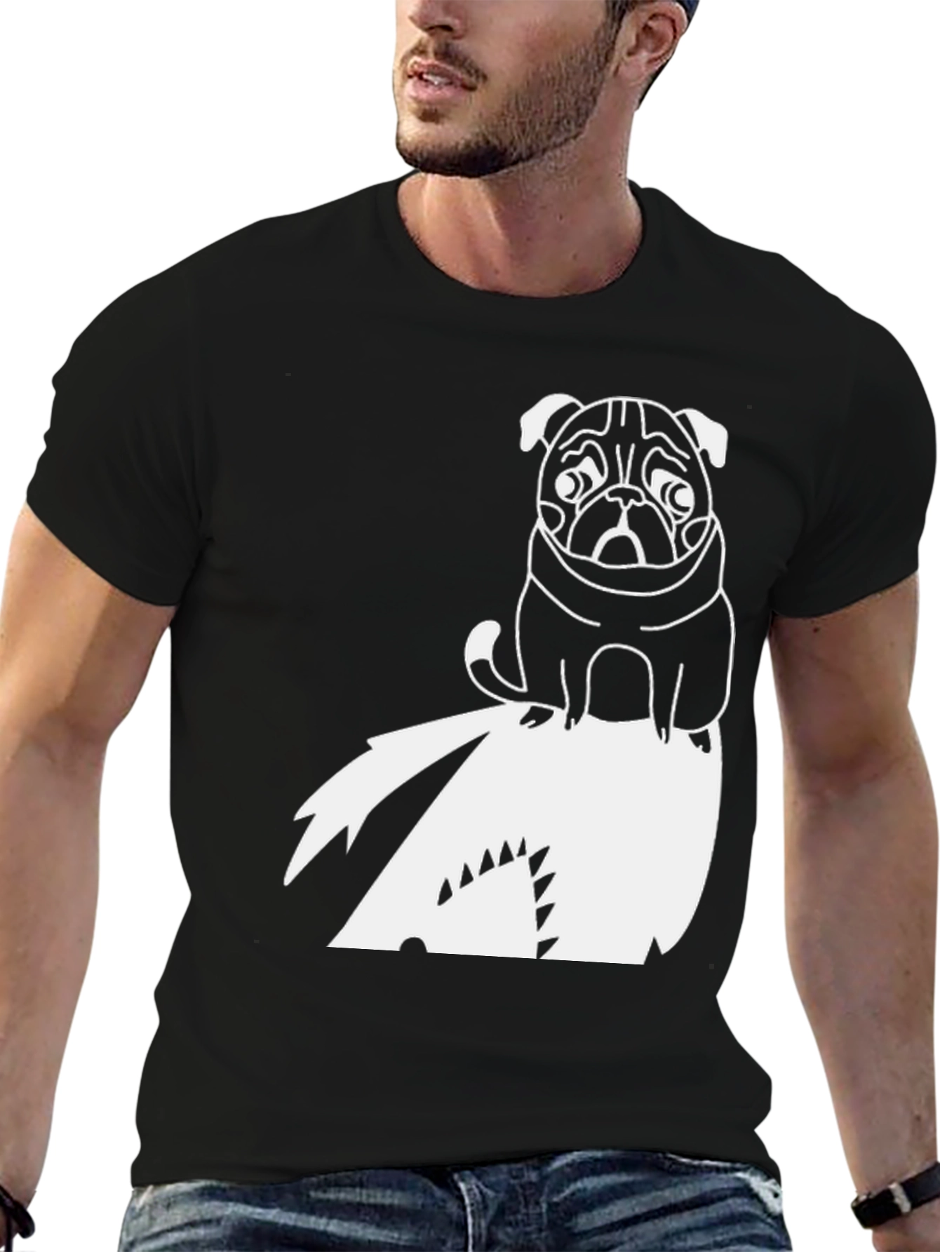 Pug Riding Shark Black T-Shirt