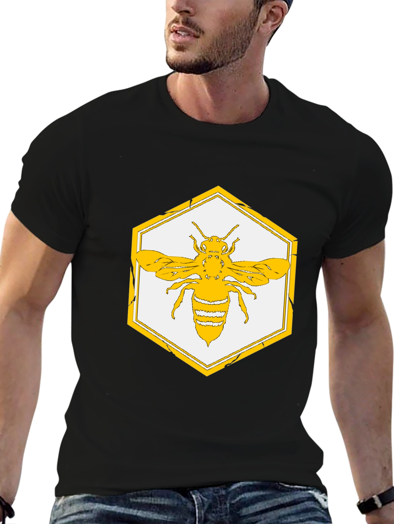 Geometric Bee Graphic Tee - Stylish Honeycomb Design