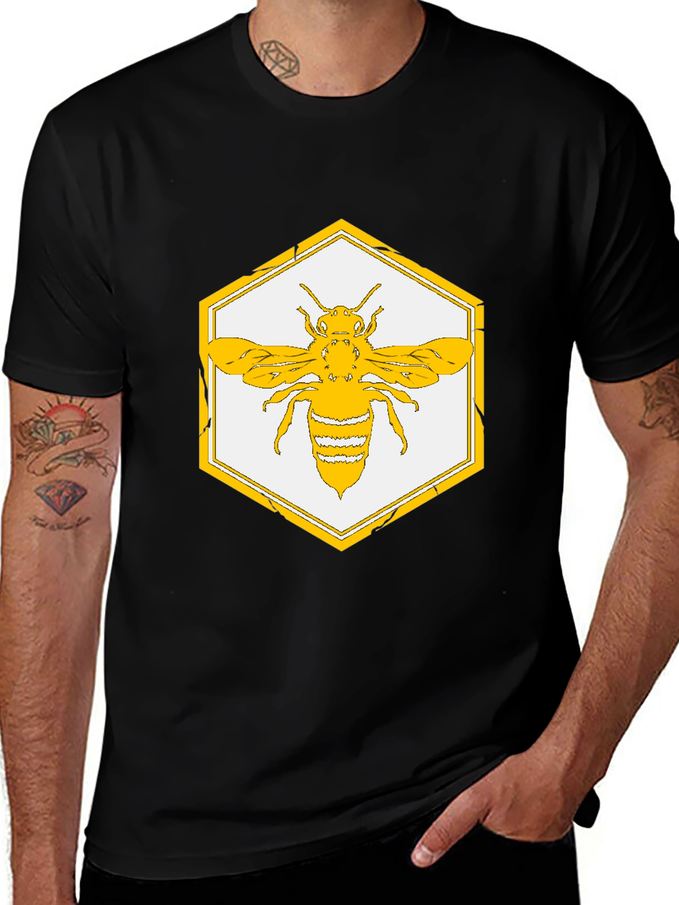 Geometric Bee Graphic Tee - Stylish Honeycomb Design