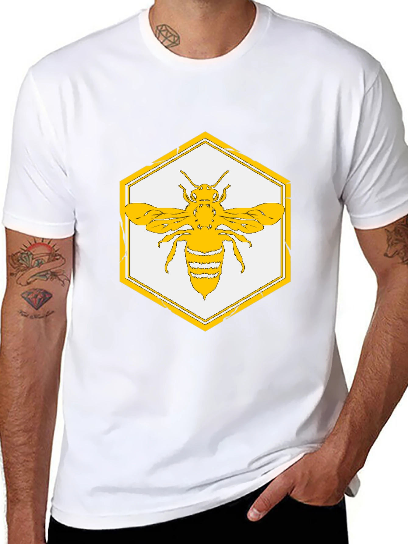 Geometric Bee Graphic Tee - Stylish Honeycomb Design