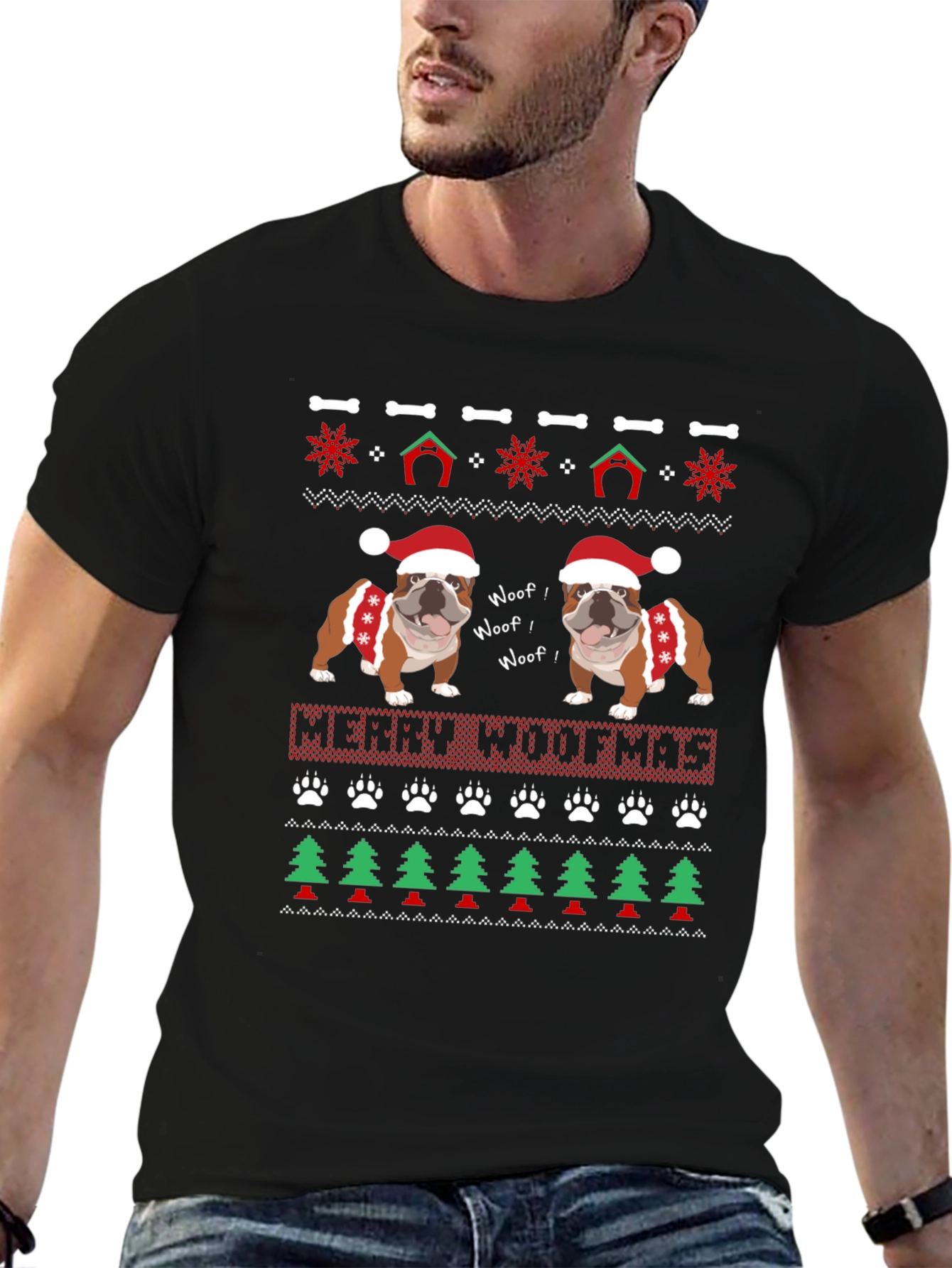 Merry Woofmas Bulldog Christmas Ugly Sweater T-Shirt