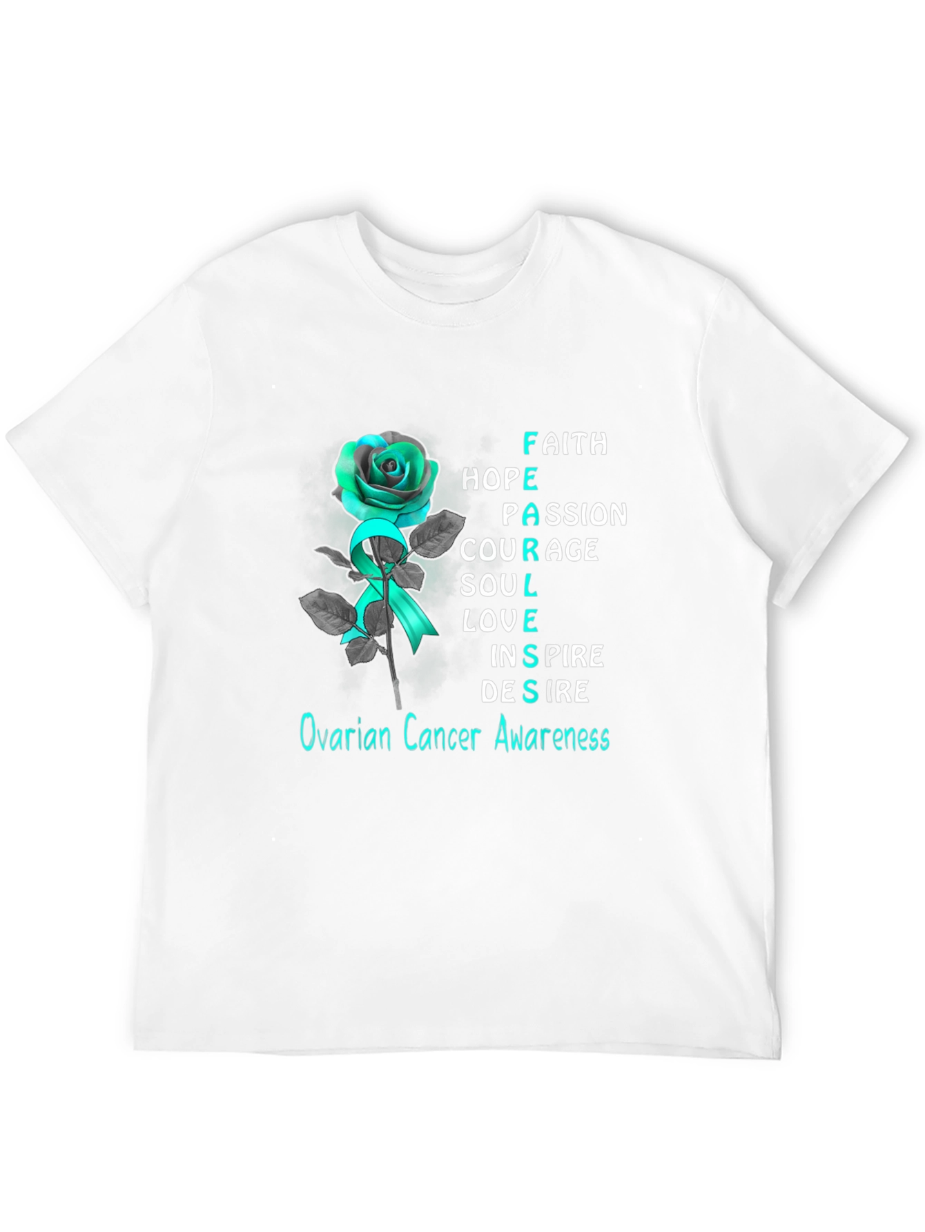 Ovarian Cancer Awareness T-Shirt: Rose & Teal Ribbon