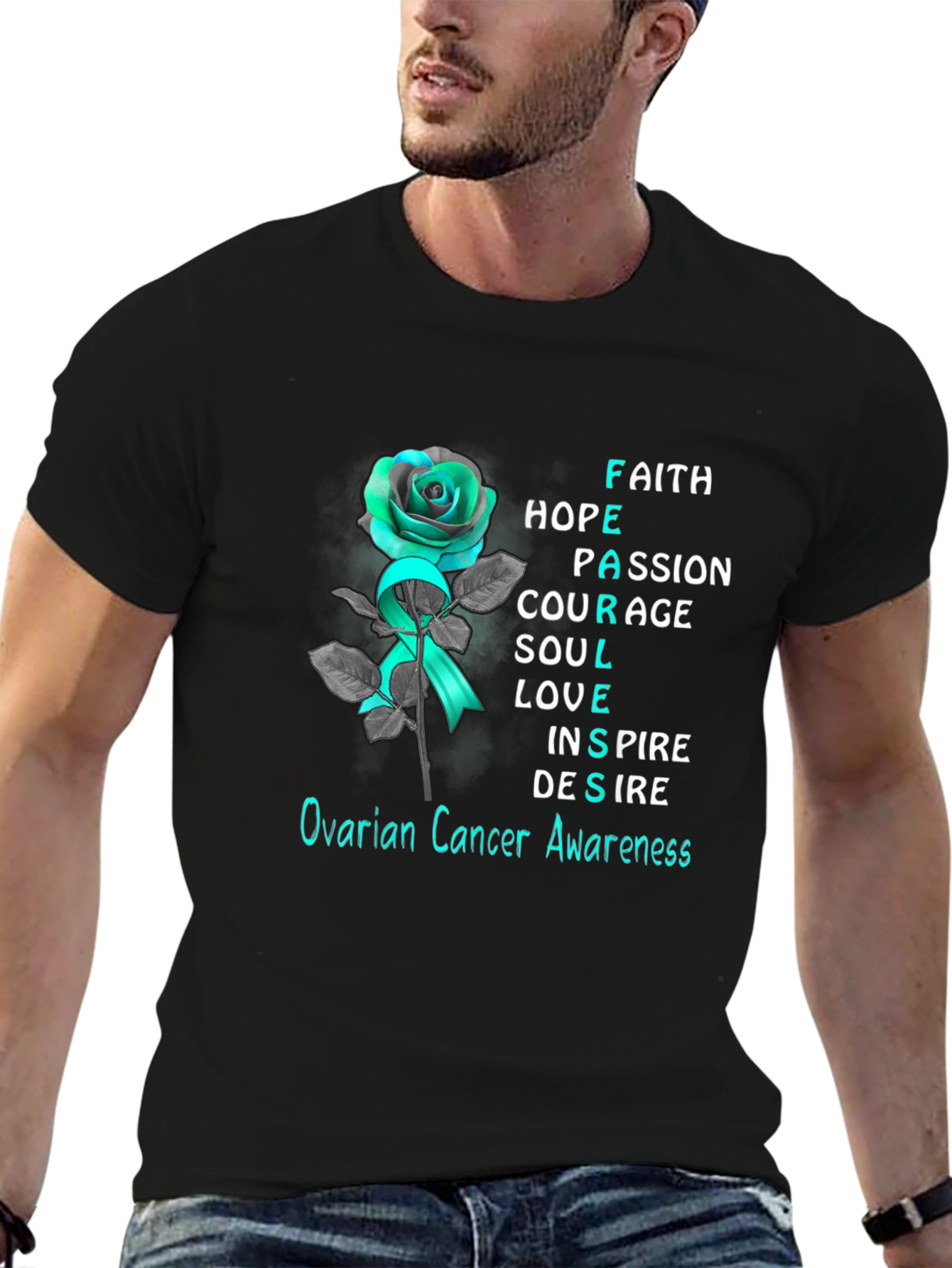 Ovarian Cancer Awareness T-Shirt: Rose & Teal Ribbon