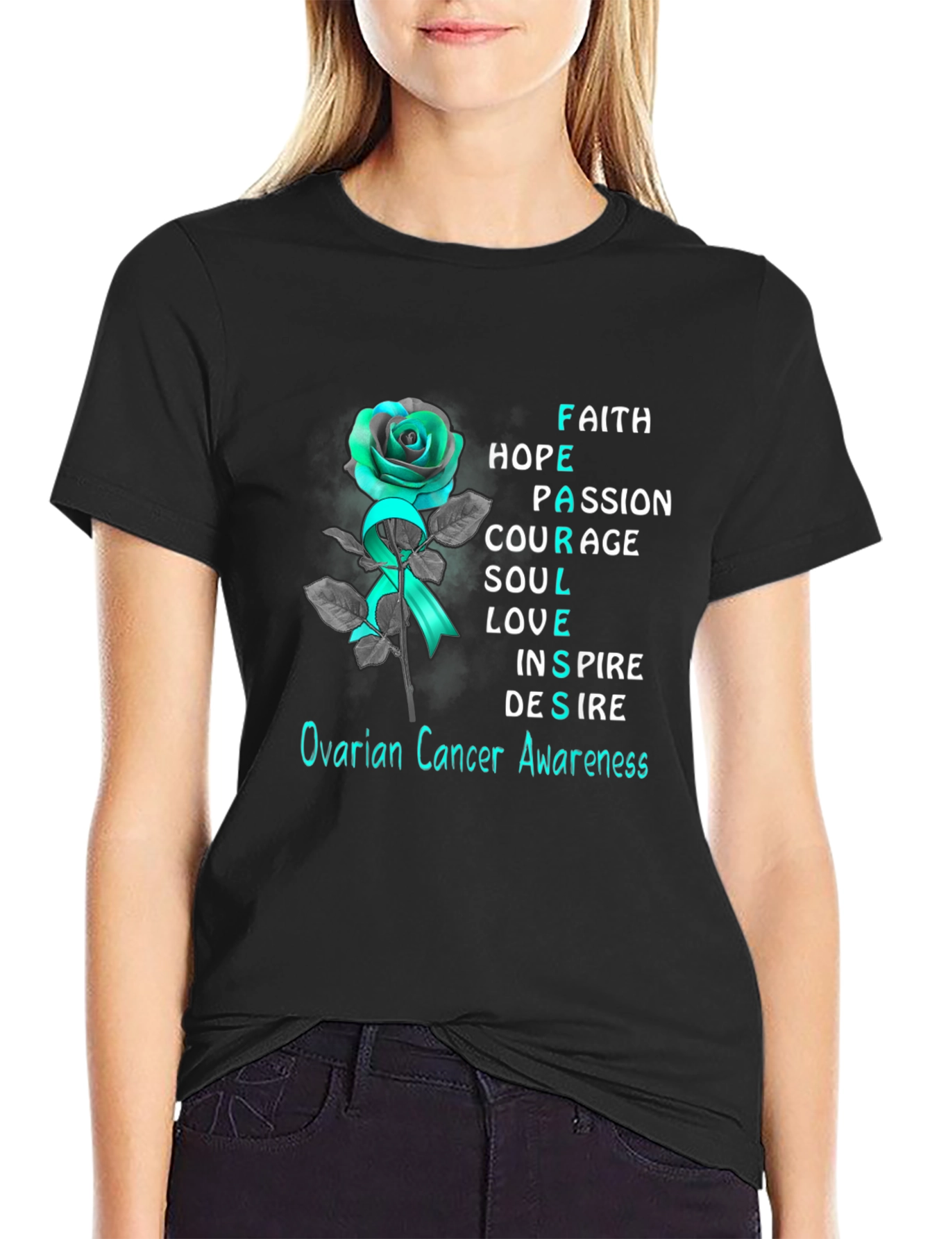 Ovarian Cancer Awareness T-Shirt: Rose & Teal Ribbon