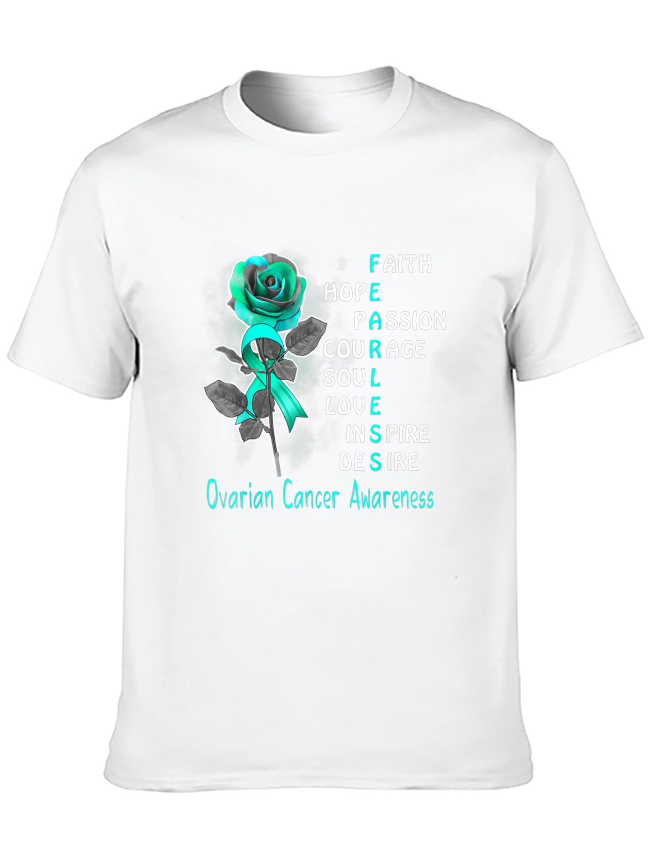 Ovarian Cancer Awareness T-Shirt: Rose & Teal Ribbon