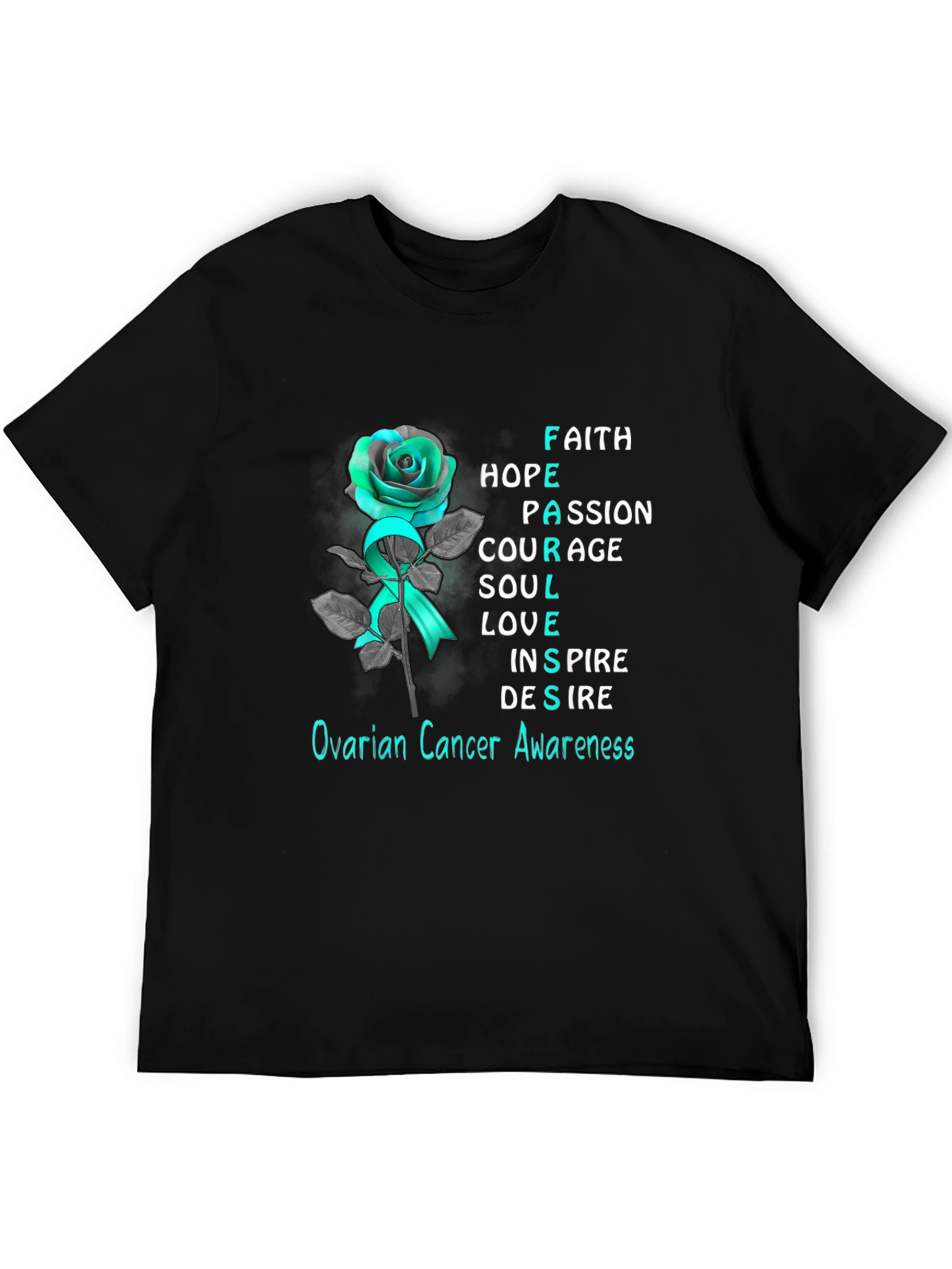 Ovarian Cancer Awareness T-Shirt: Rose & Teal Ribbon