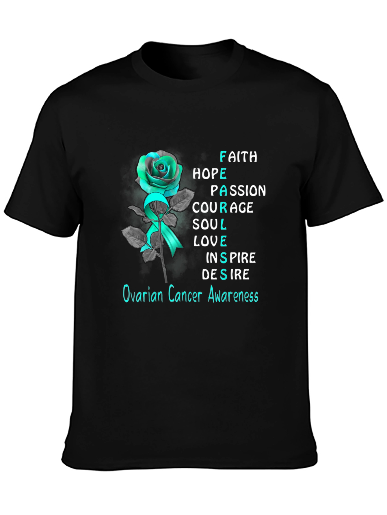 Ovarian Cancer Awareness T-Shirt: Rose & Teal Ribbon