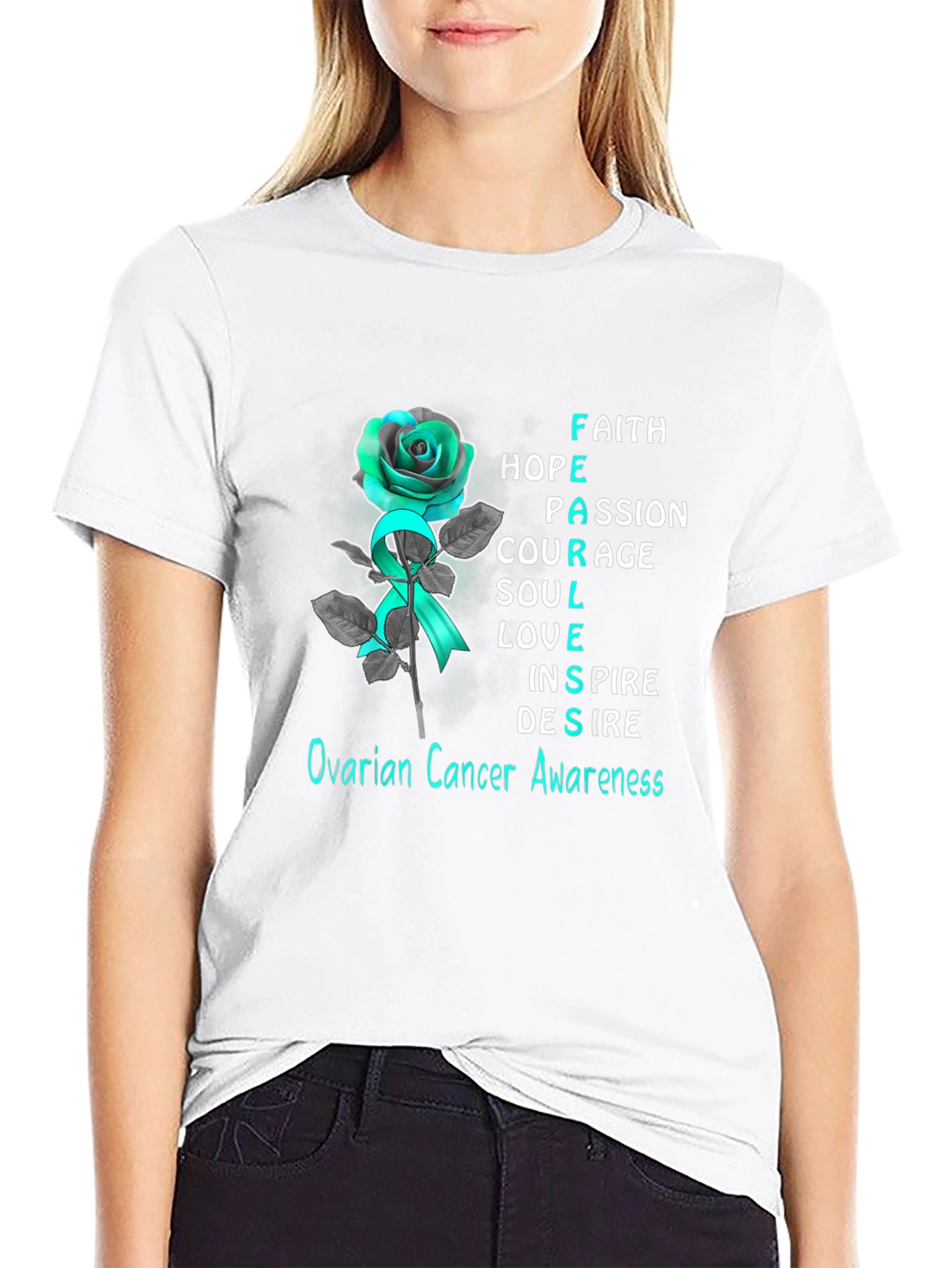 Ovarian Cancer Awareness T-Shirt: Rose & Teal Ribbon
