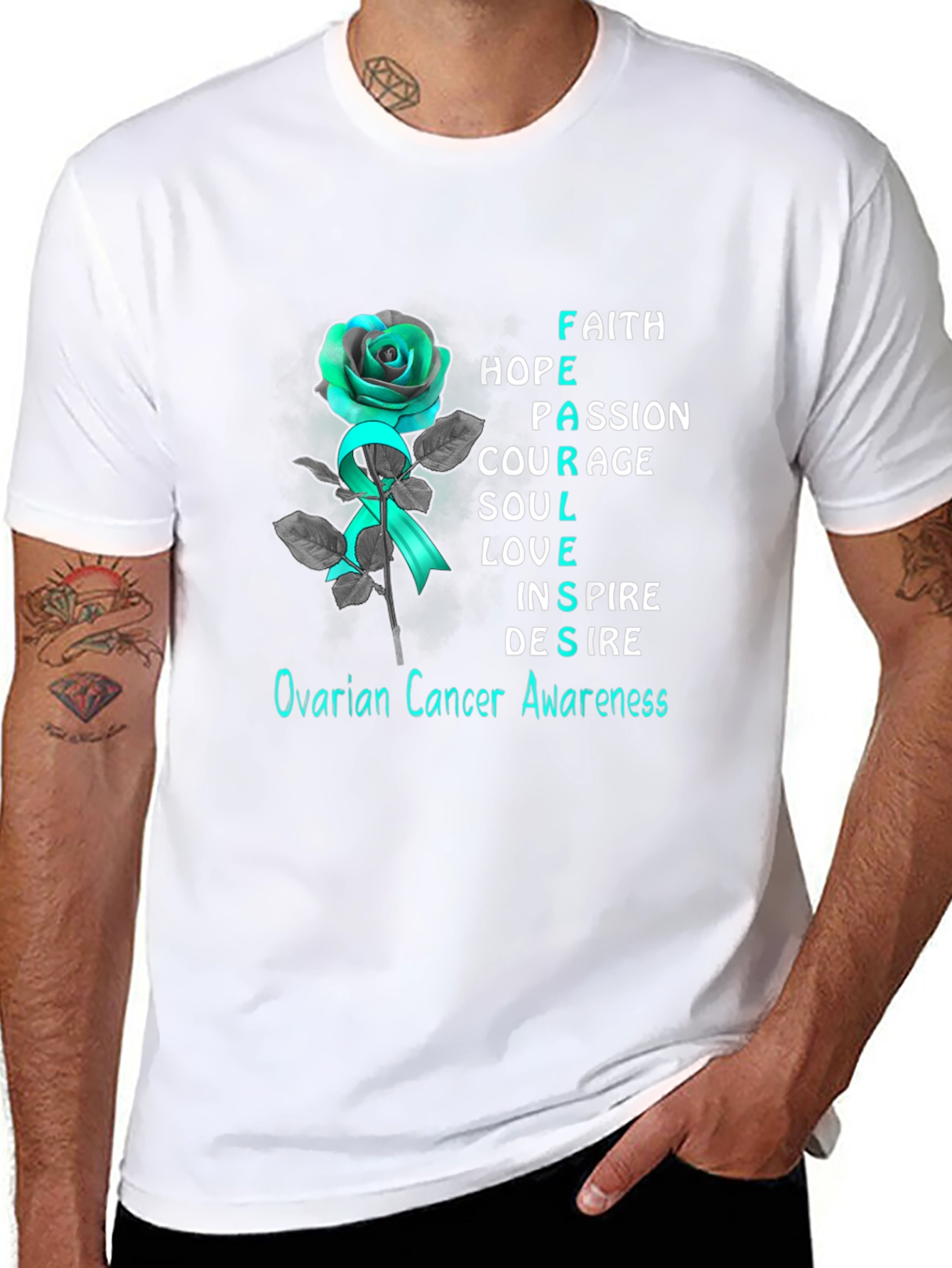 Ovarian Cancer Awareness T-Shirt: Rose & Teal Ribbon