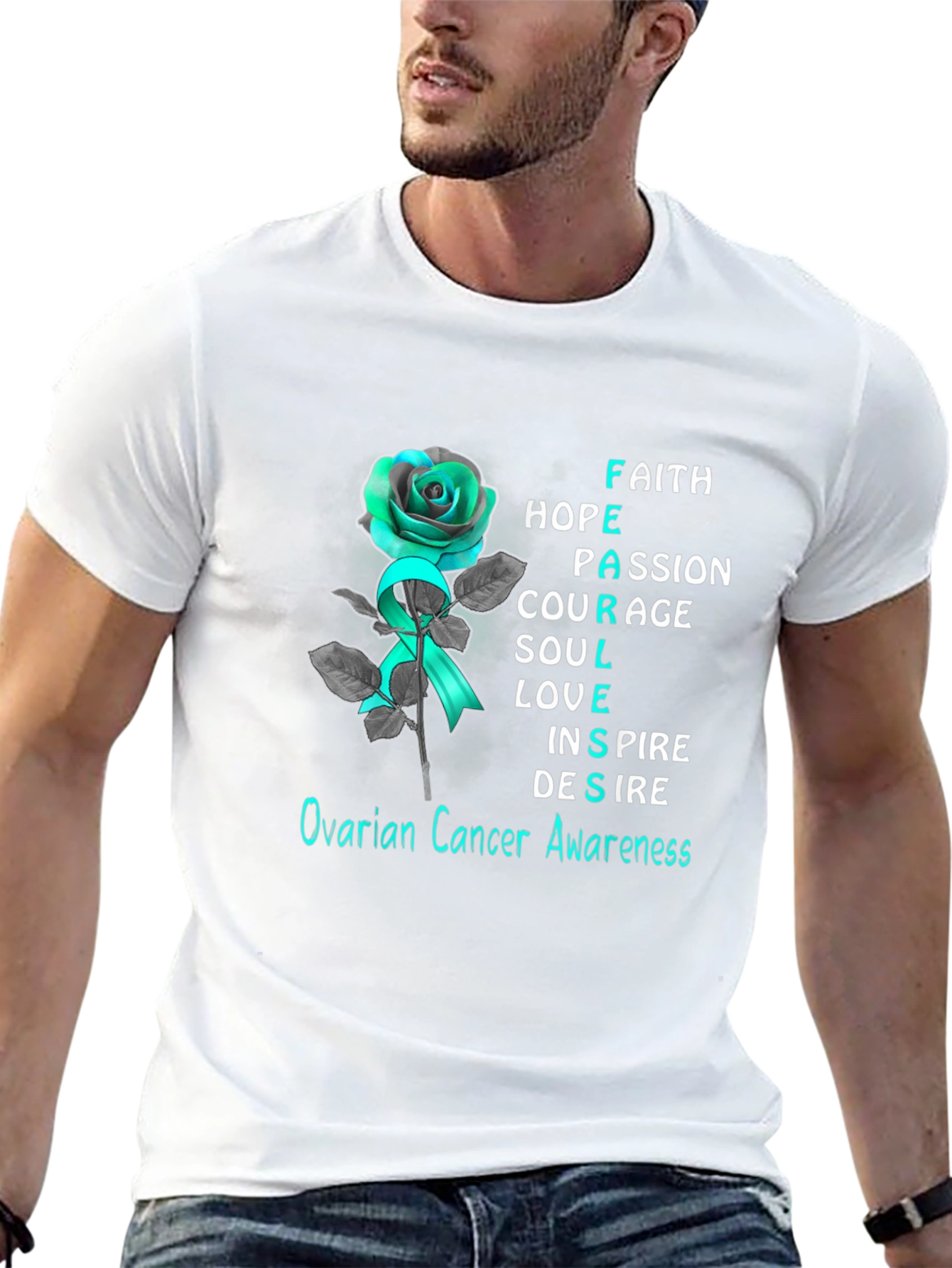 Ovarian Cancer Awareness T-Shirt: Rose & Teal Ribbon
