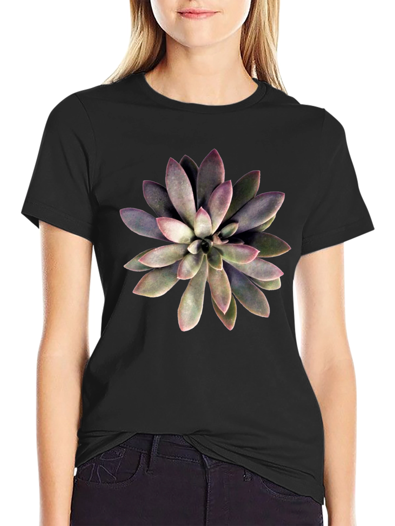 Succulent Graphic Print Black T-Shirt