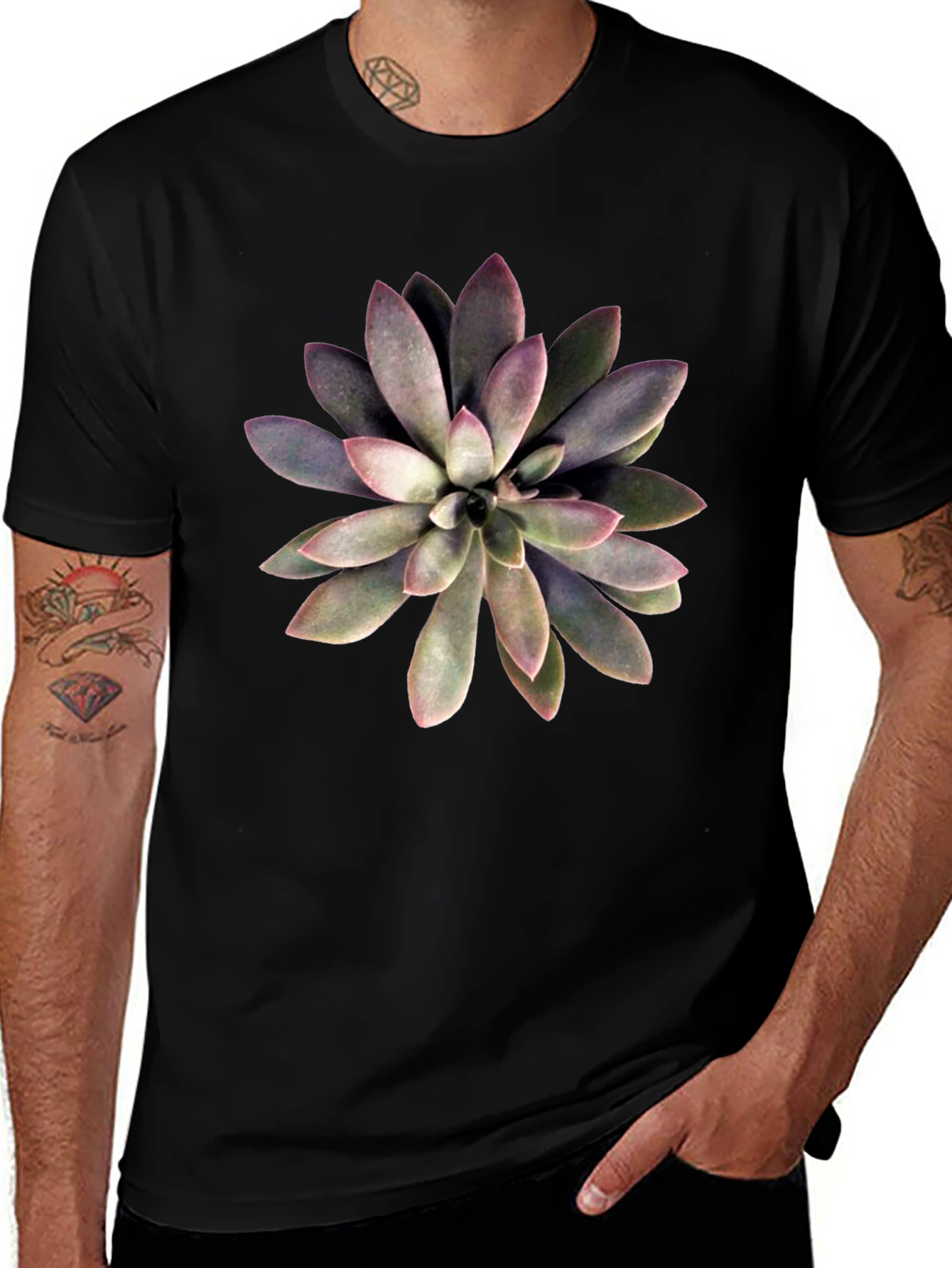 Succulent Graphic Print Black T-Shirt