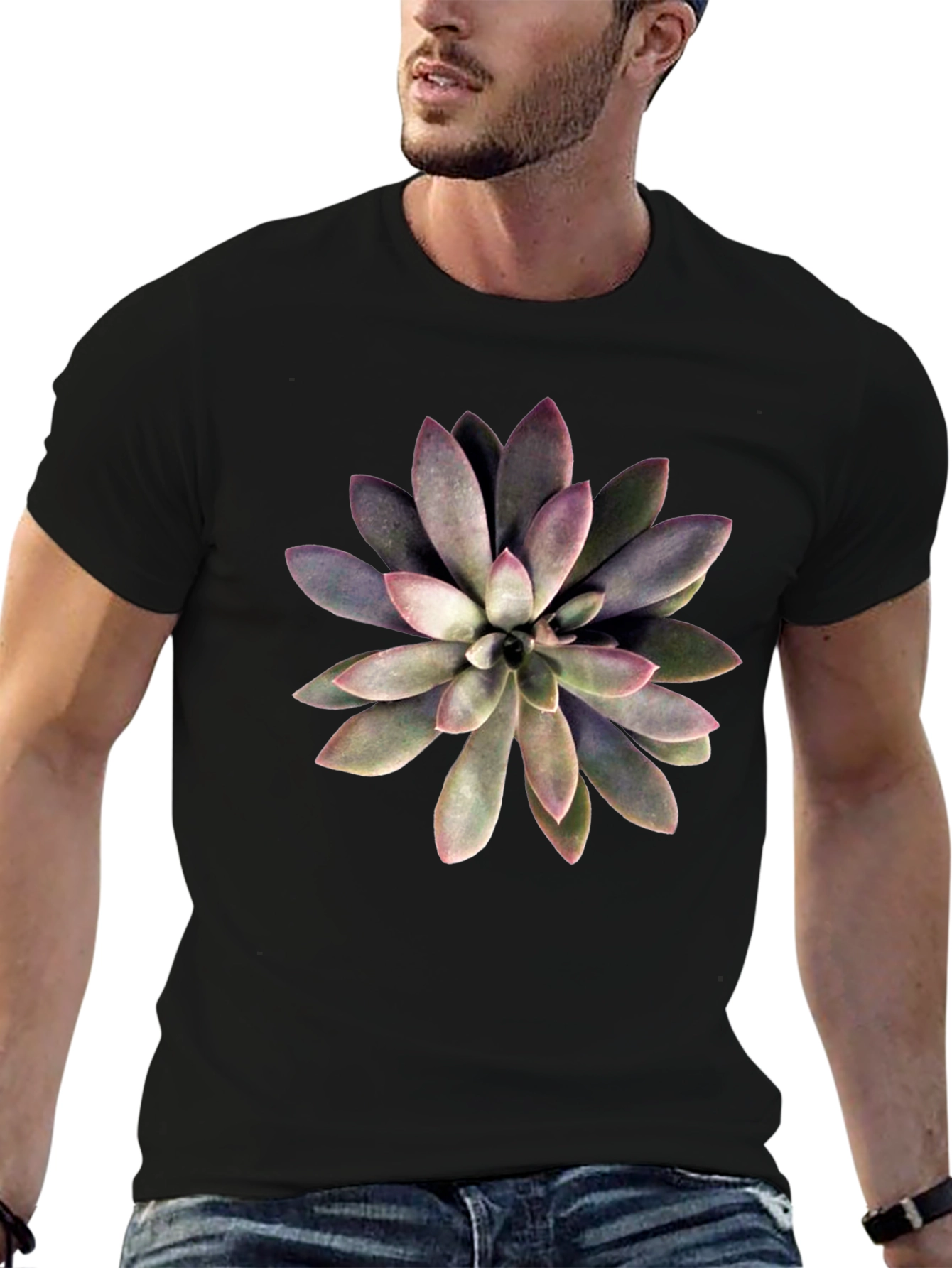 Succulent Graphic Print Black T-Shirt