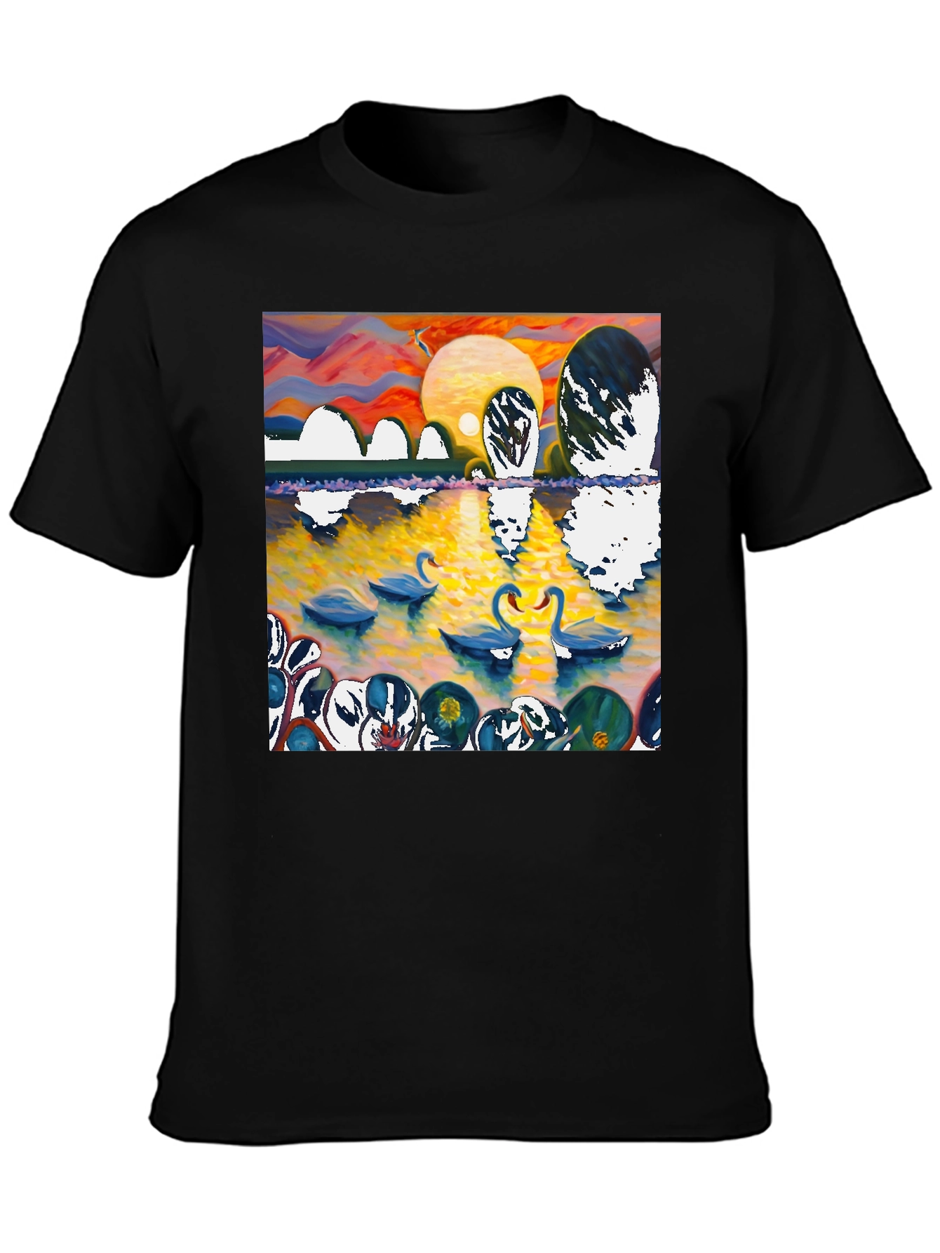 Swan Lake Graphic Tee - Impressionist Style Black T-Shirt