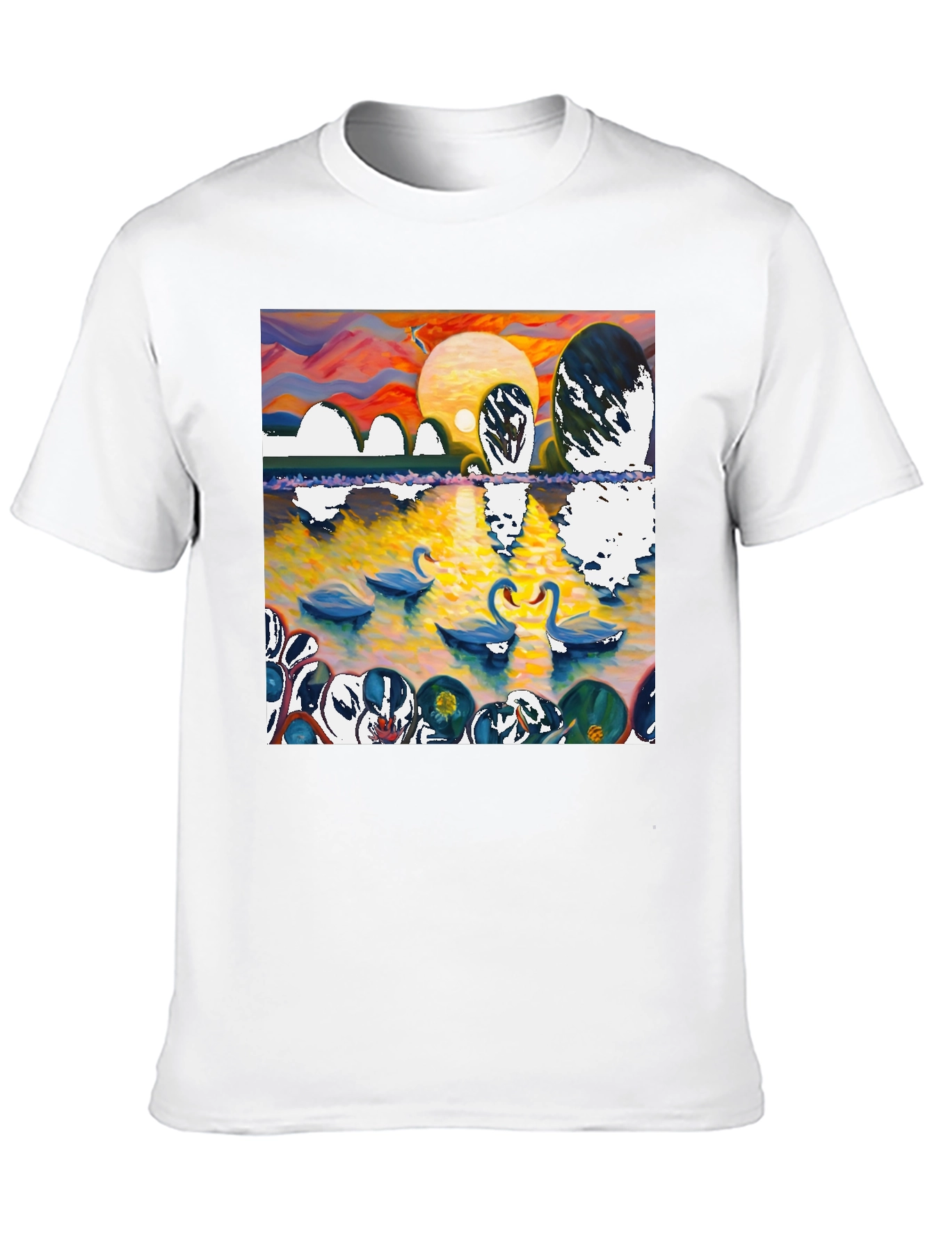 Swan Lake Graphic Tee - Impressionist Style Black T-Shirt
